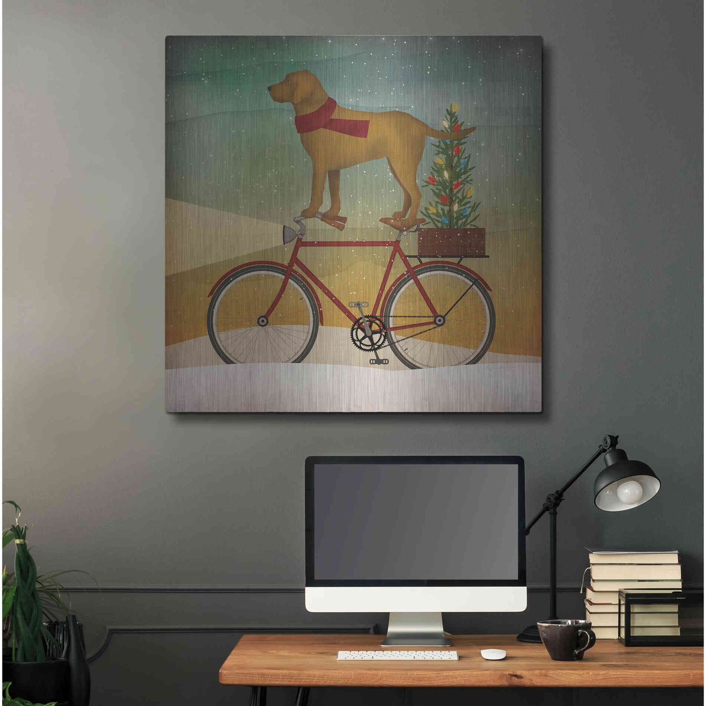 Luxe Metal Art 'Yellow Lab on Bike Christmas' by Ryan Fowler, Metal Wall Art,36x36