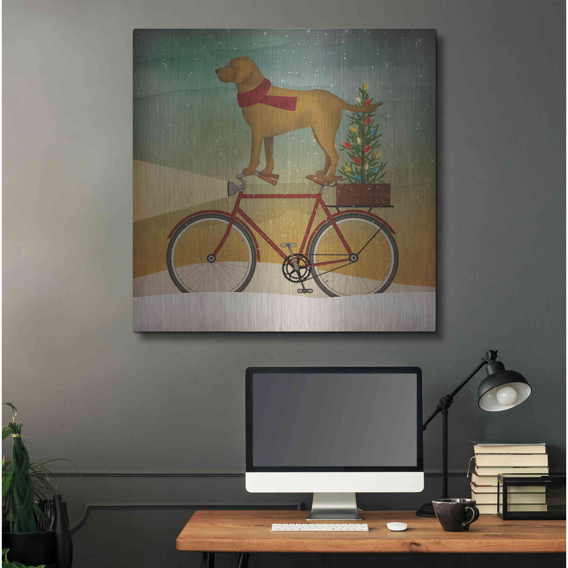 Luxe Metal Art 'Yellow Lab on Bike Christmas' by Ryan Fowler, Metal Wall Art,36x36