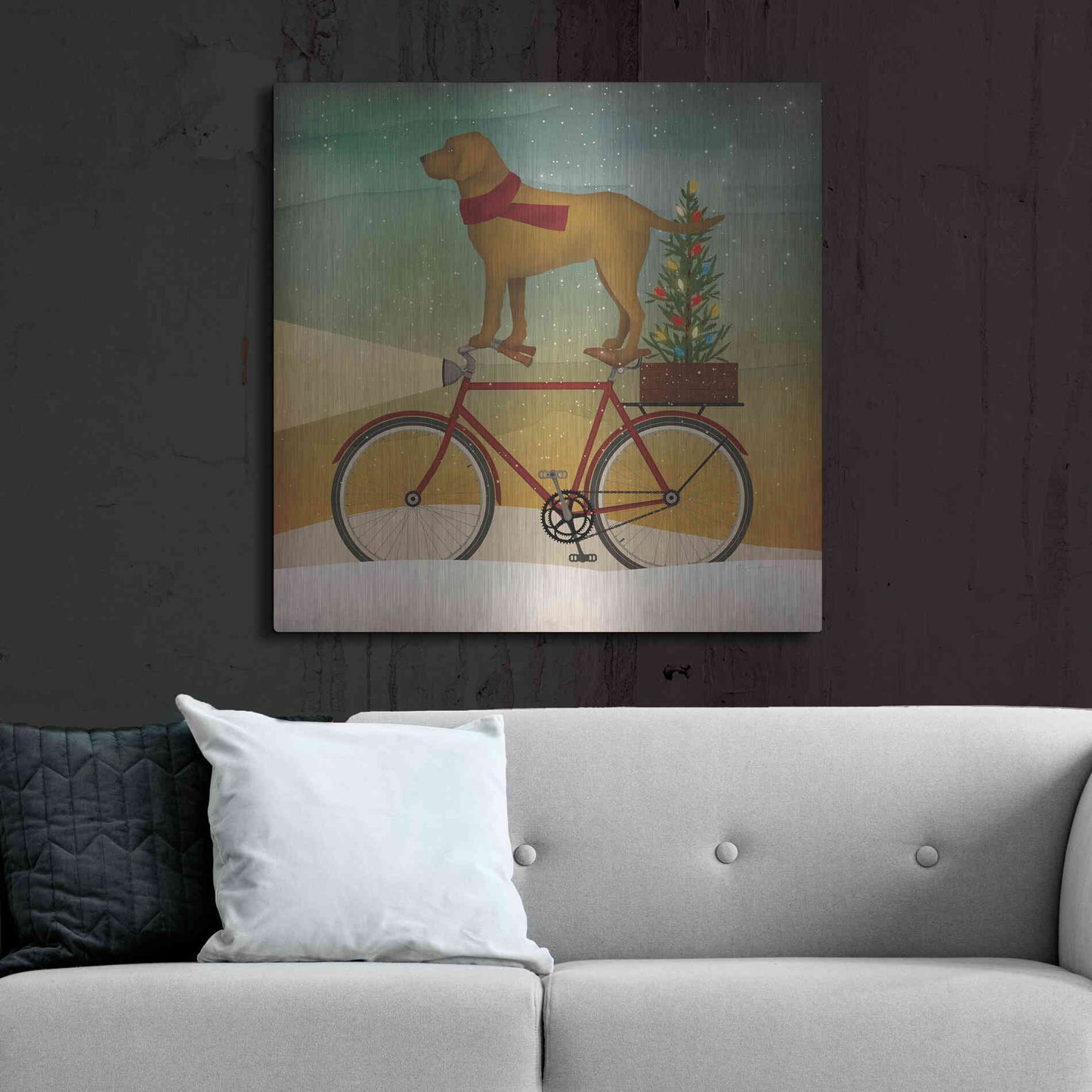 Luxe Metal Art 'Yellow Lab on Bike Christmas' by Ryan Fowler, Metal Wall Art,36x36