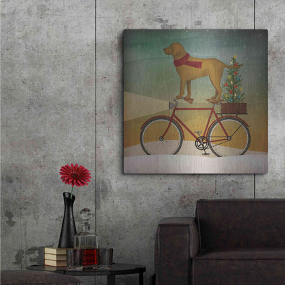 Luxe Metal Art 'Yellow Lab on Bike Christmas' by Ryan Fowler, Metal Wall Art,36x36