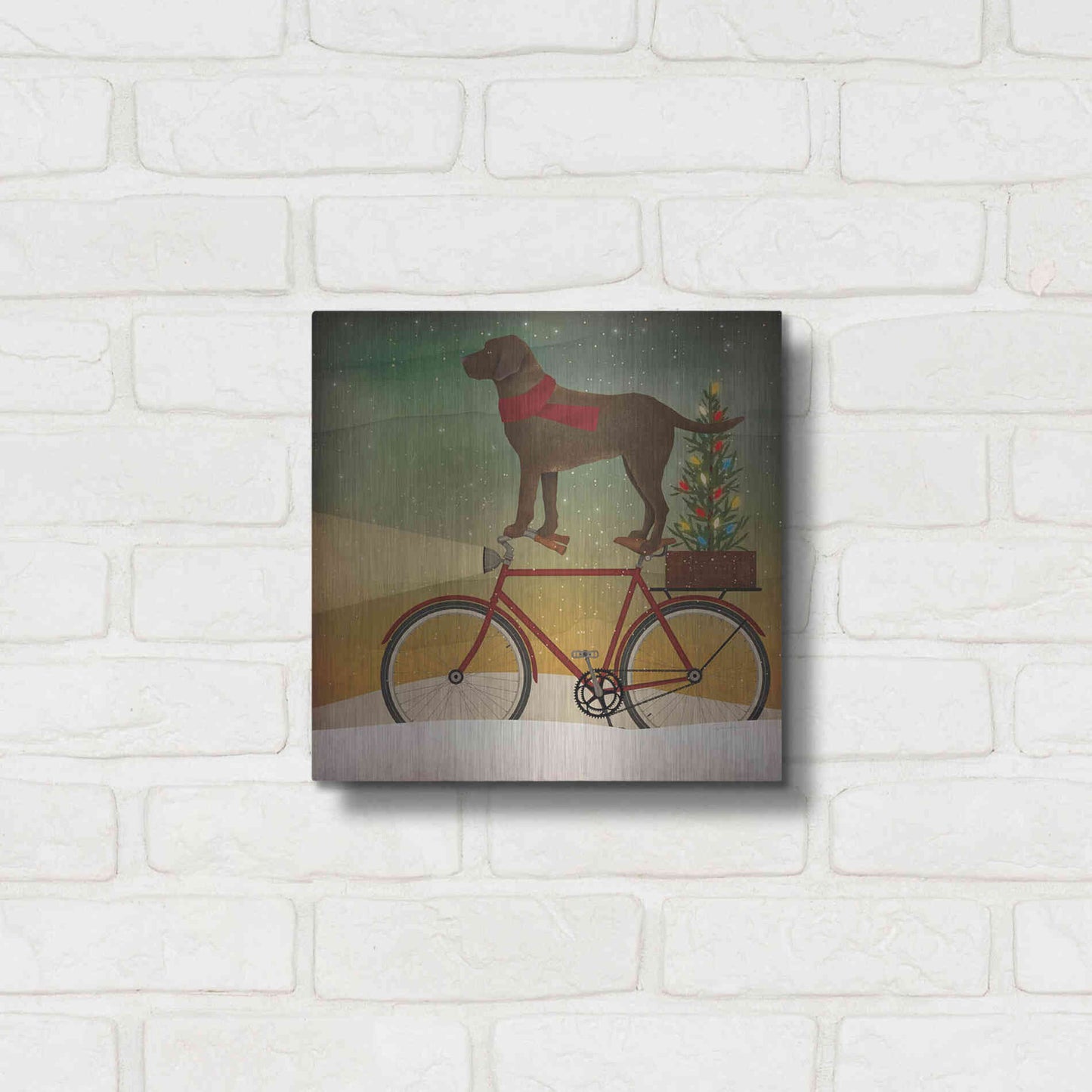 Luxe Metal Art 'Brown Lab on Bike Christmas' by Ryan Fowler, Metal Wall Art,12x12