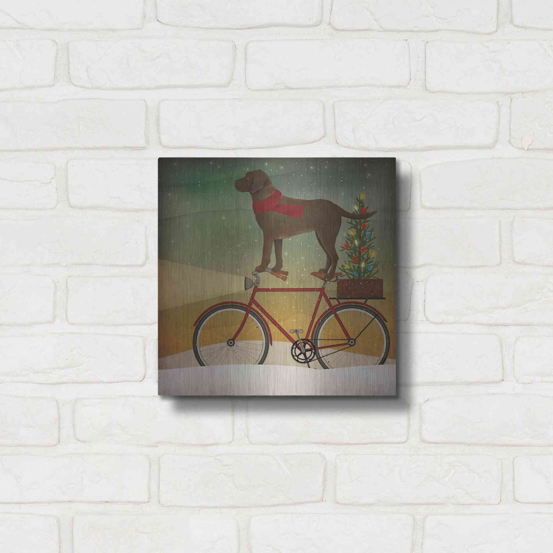 Luxe Metal Art 'Brown Lab on Bike Christmas' by Ryan Fowler, Metal Wall Art,12x12