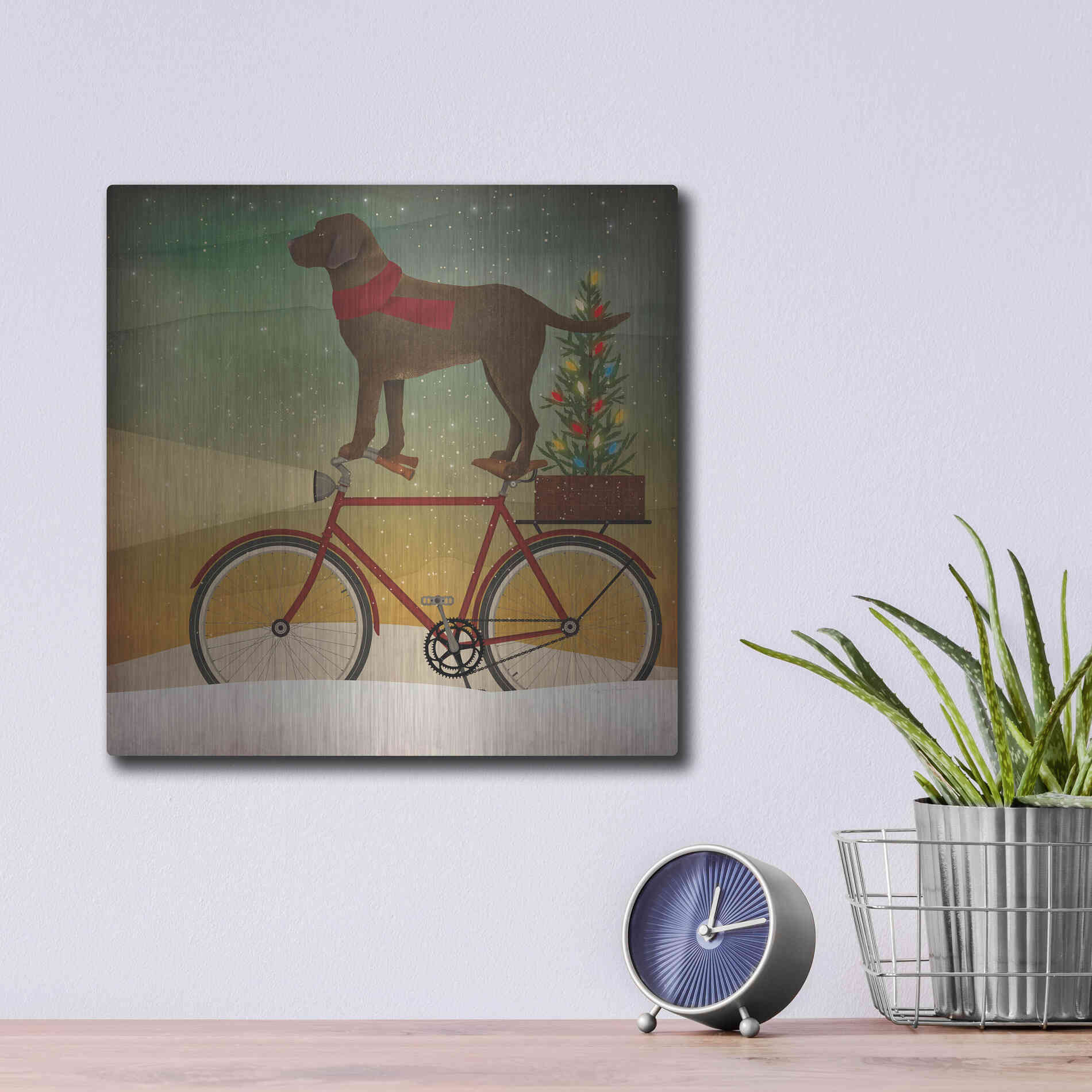 Luxe Metal Art 'Brown Lab on Bike Christmas' by Ryan Fowler, Metal Wall Art,12x12