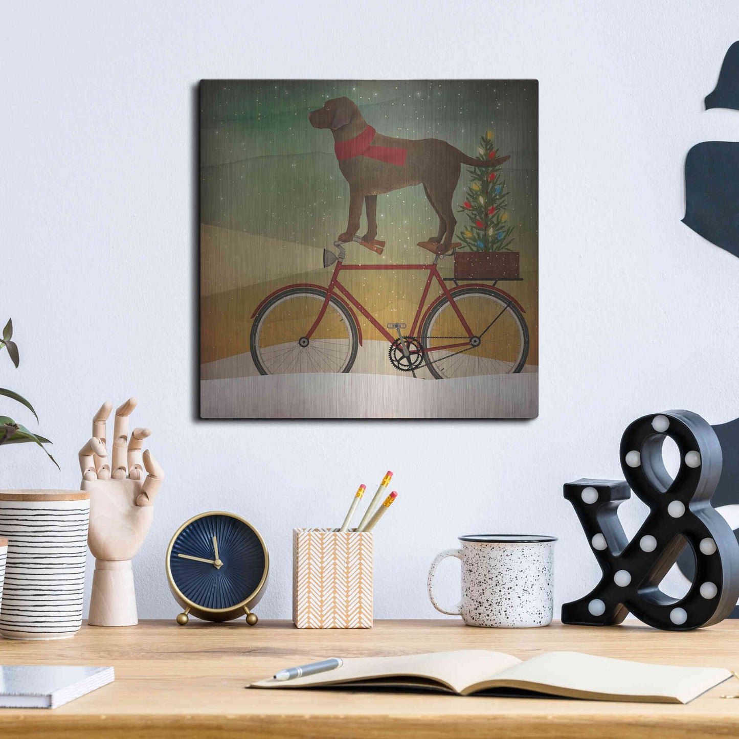 Luxe Metal Art 'Brown Lab on Bike Christmas' by Ryan Fowler, Metal Wall Art,12x12