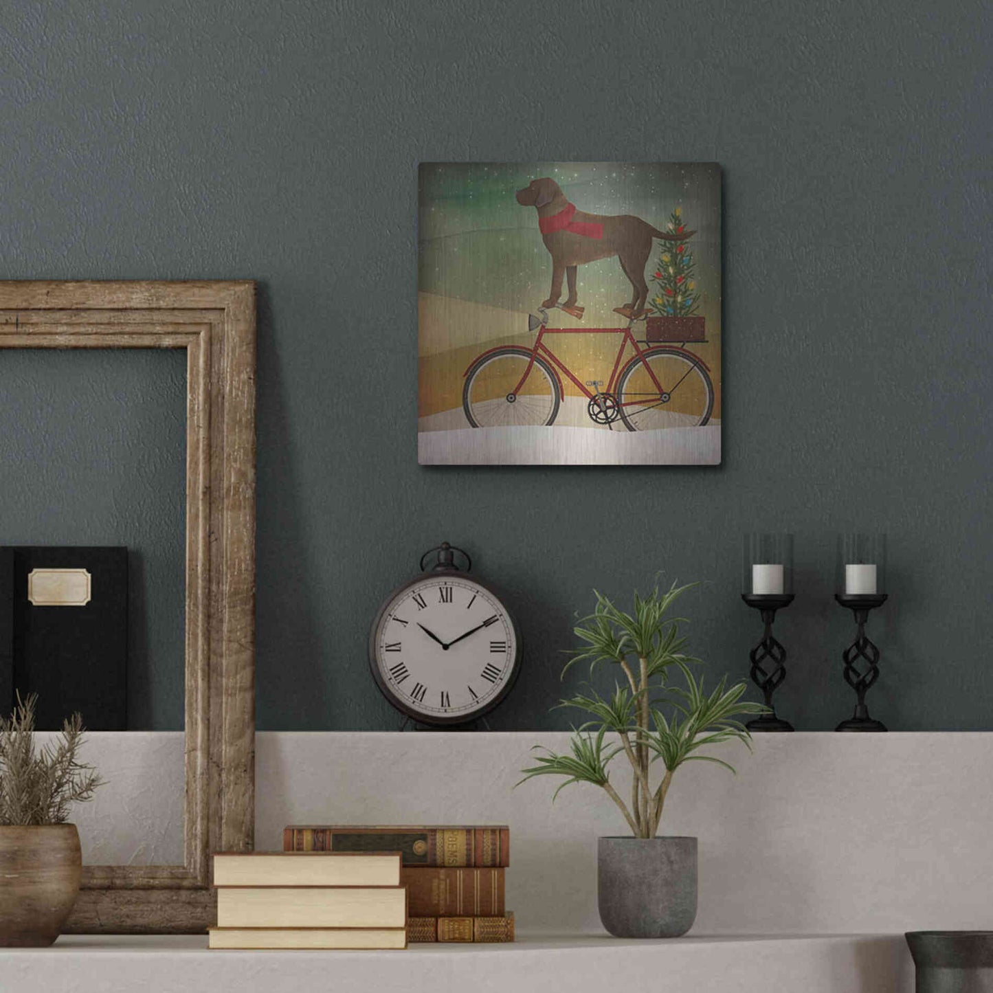 Luxe Metal Art 'Brown Lab on Bike Christmas' by Ryan Fowler, Metal Wall Art,12x12