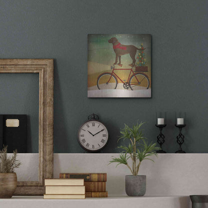 Luxe Metal Art 'Brown Lab on Bike Christmas' by Ryan Fowler, Metal Wall Art,12x12