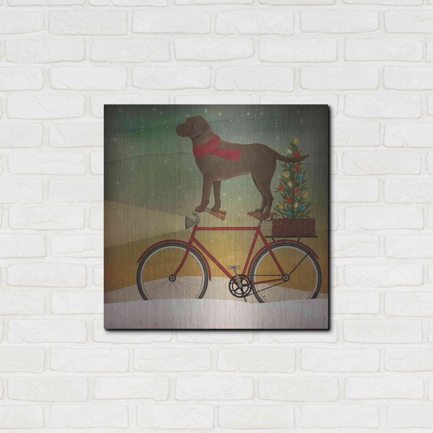 Luxe Metal Art 'Brown Lab on Bike Christmas' by Ryan Fowler, Metal Wall Art,24x24