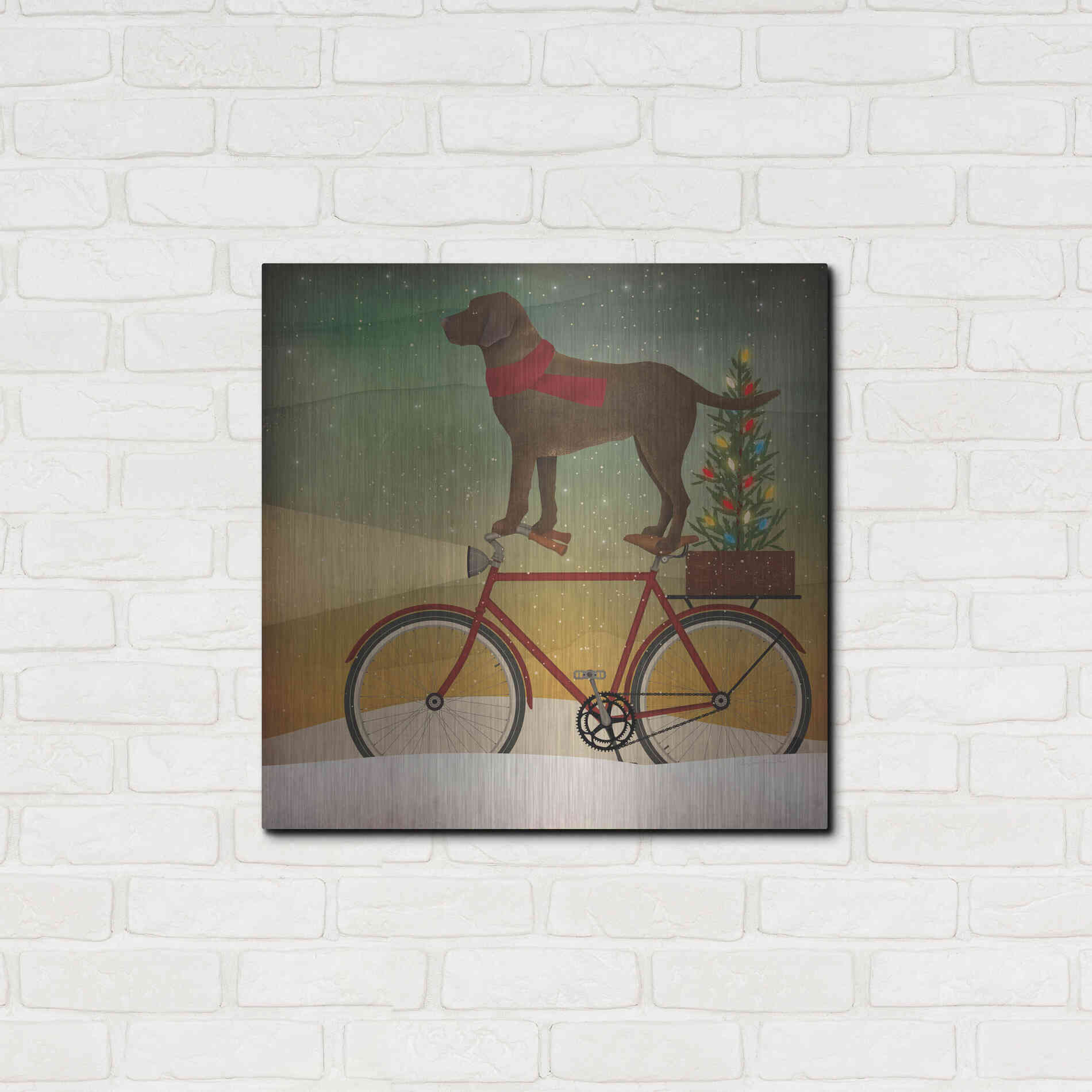 Luxe Metal Art 'Brown Lab on Bike Christmas' by Ryan Fowler, Metal Wall Art,24x24