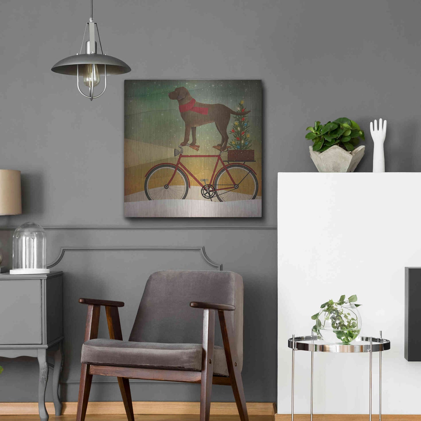 Luxe Metal Art 'Brown Lab on Bike Christmas' by Ryan Fowler, Metal Wall Art,24x24