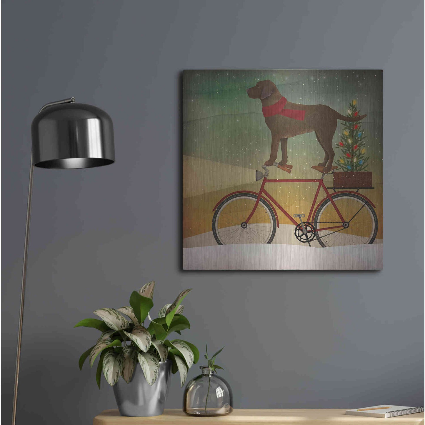 Luxe Metal Art 'Brown Lab on Bike Christmas' by Ryan Fowler, Metal Wall Art,24x24