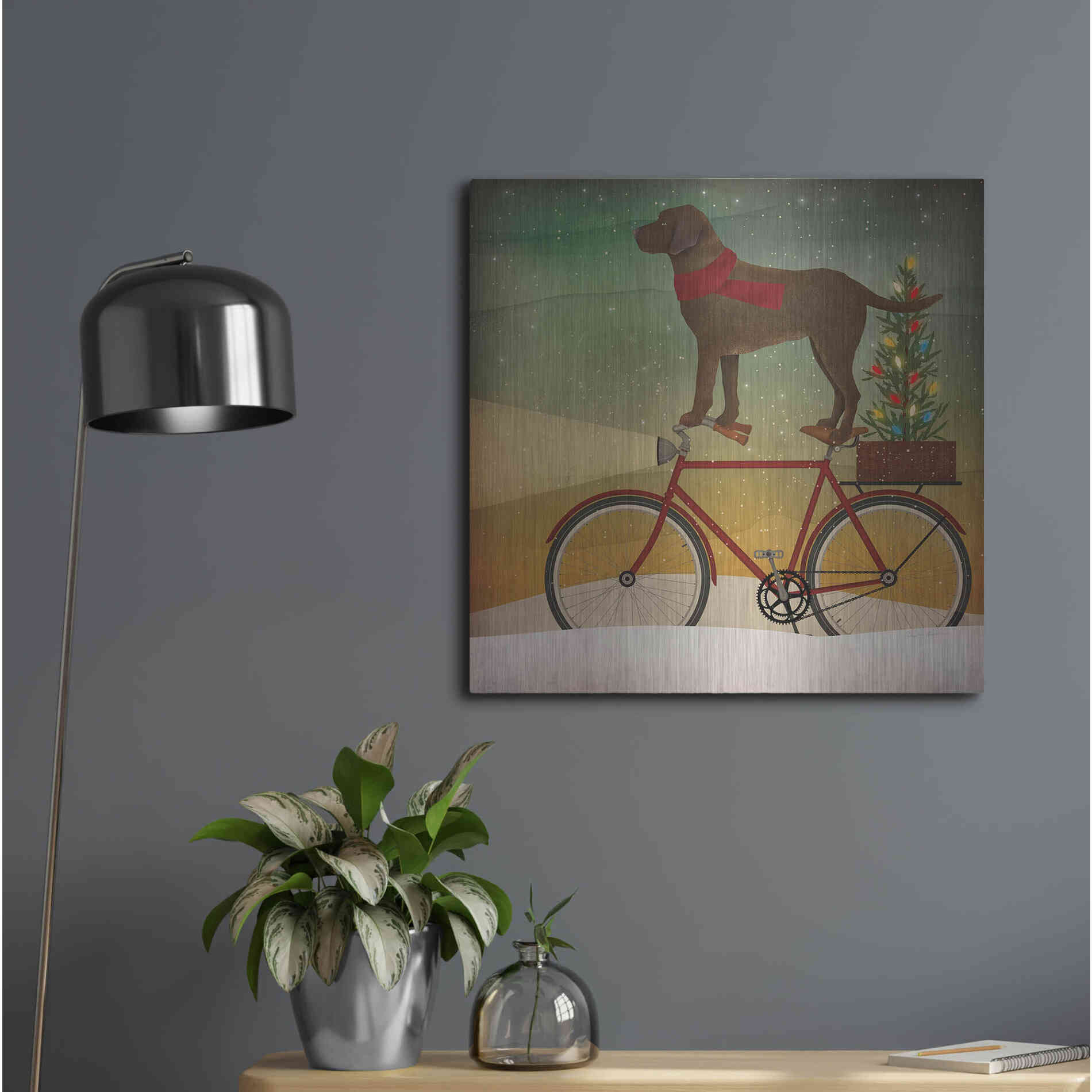 Luxe Metal Art 'Brown Lab on Bike Christmas' by Ryan Fowler, Metal Wall Art,24x24