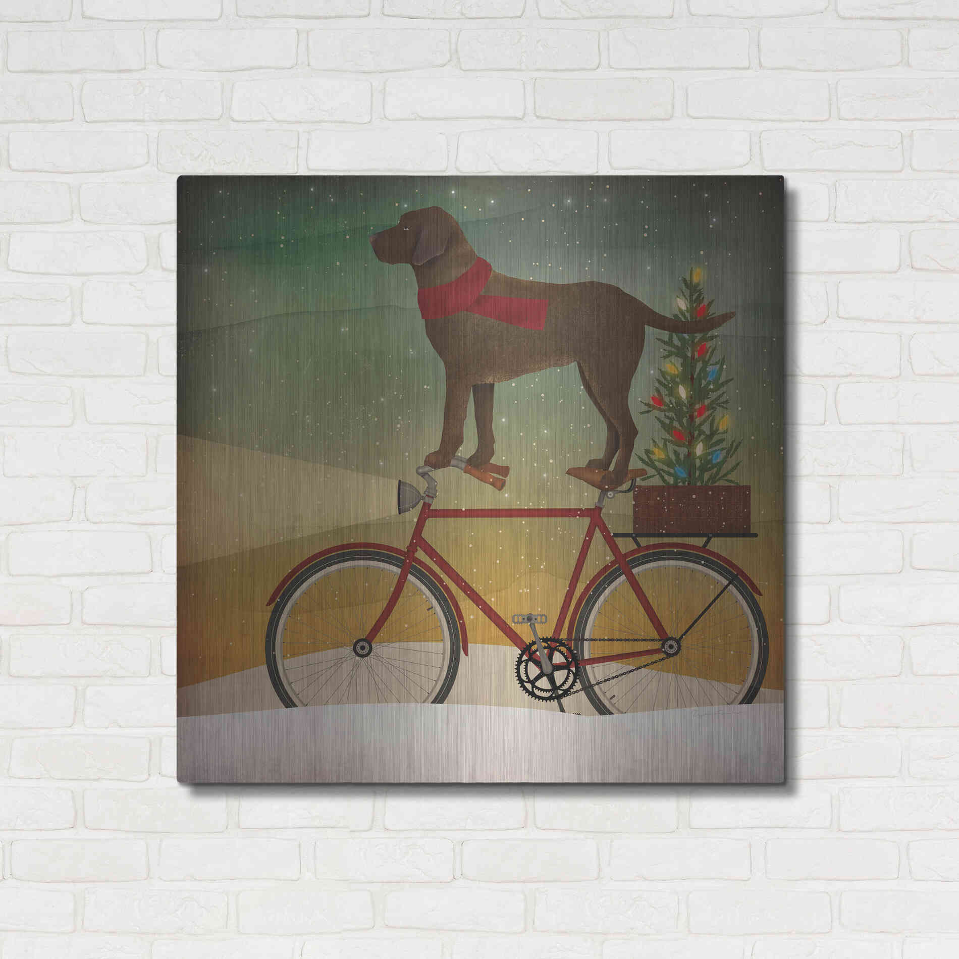 Luxe Metal Art 'Brown Lab on Bike Christmas' by Ryan Fowler, Metal Wall Art,36x36