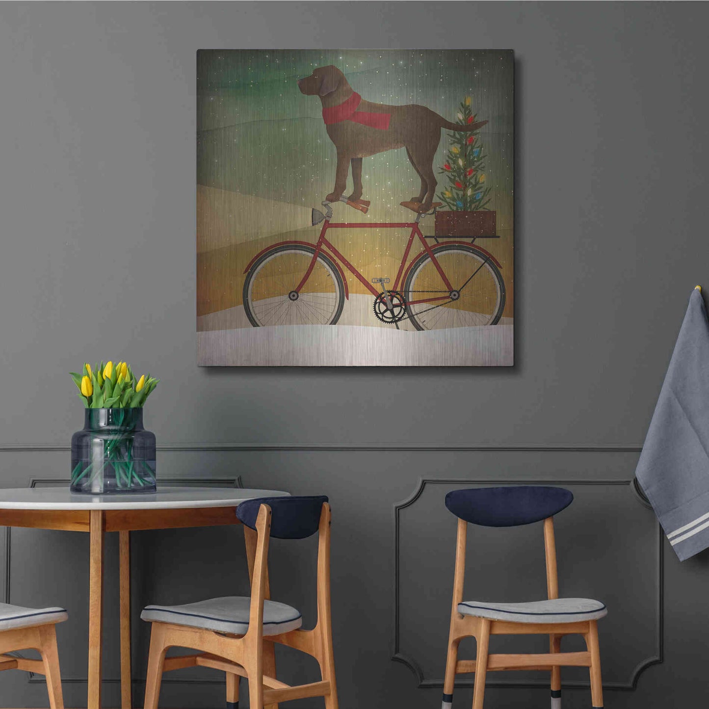 Luxe Metal Art 'Brown Lab on Bike Christmas' by Ryan Fowler, Metal Wall Art,36x36