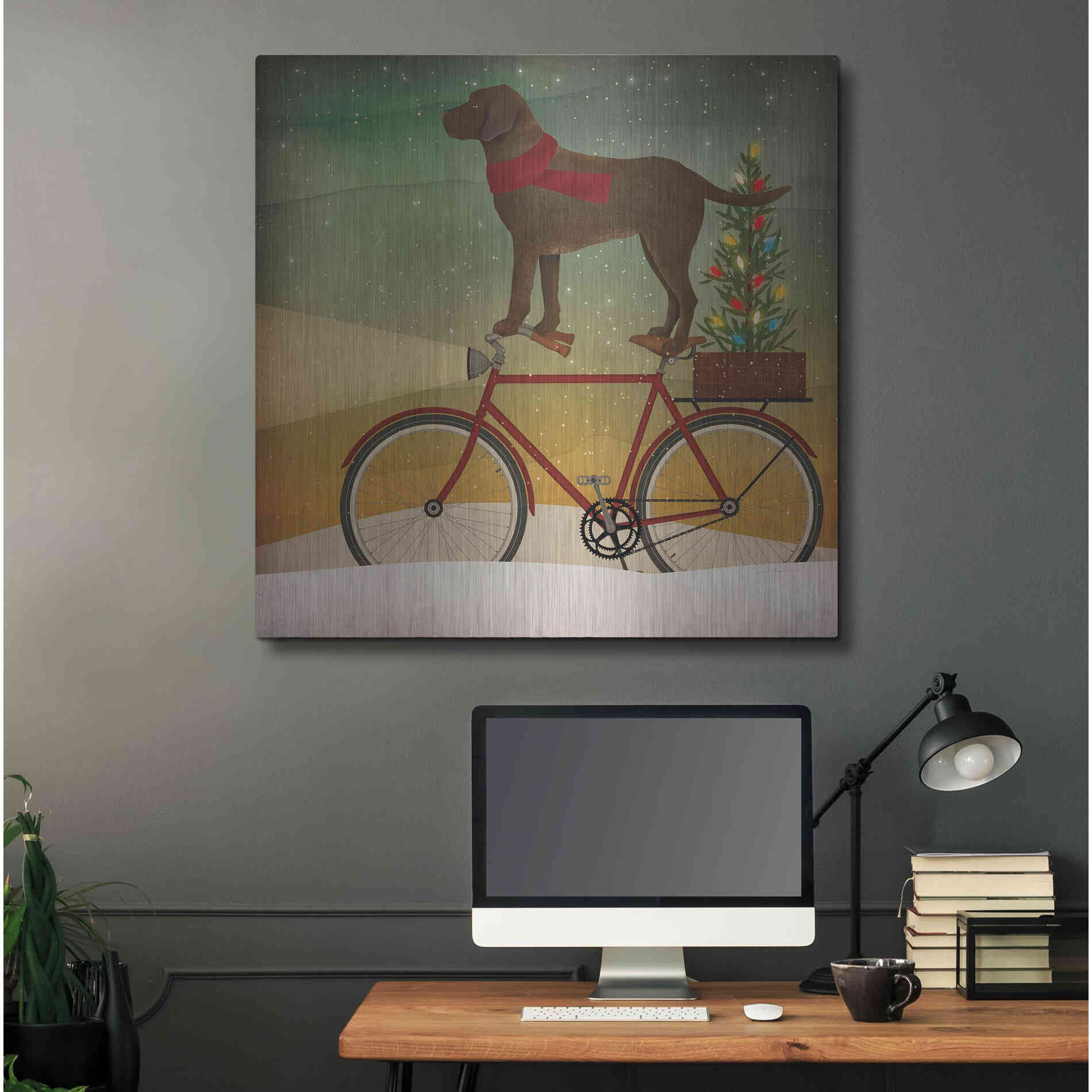 Luxe Metal Art 'Brown Lab on Bike Christmas' by Ryan Fowler, Metal Wall Art,36x36