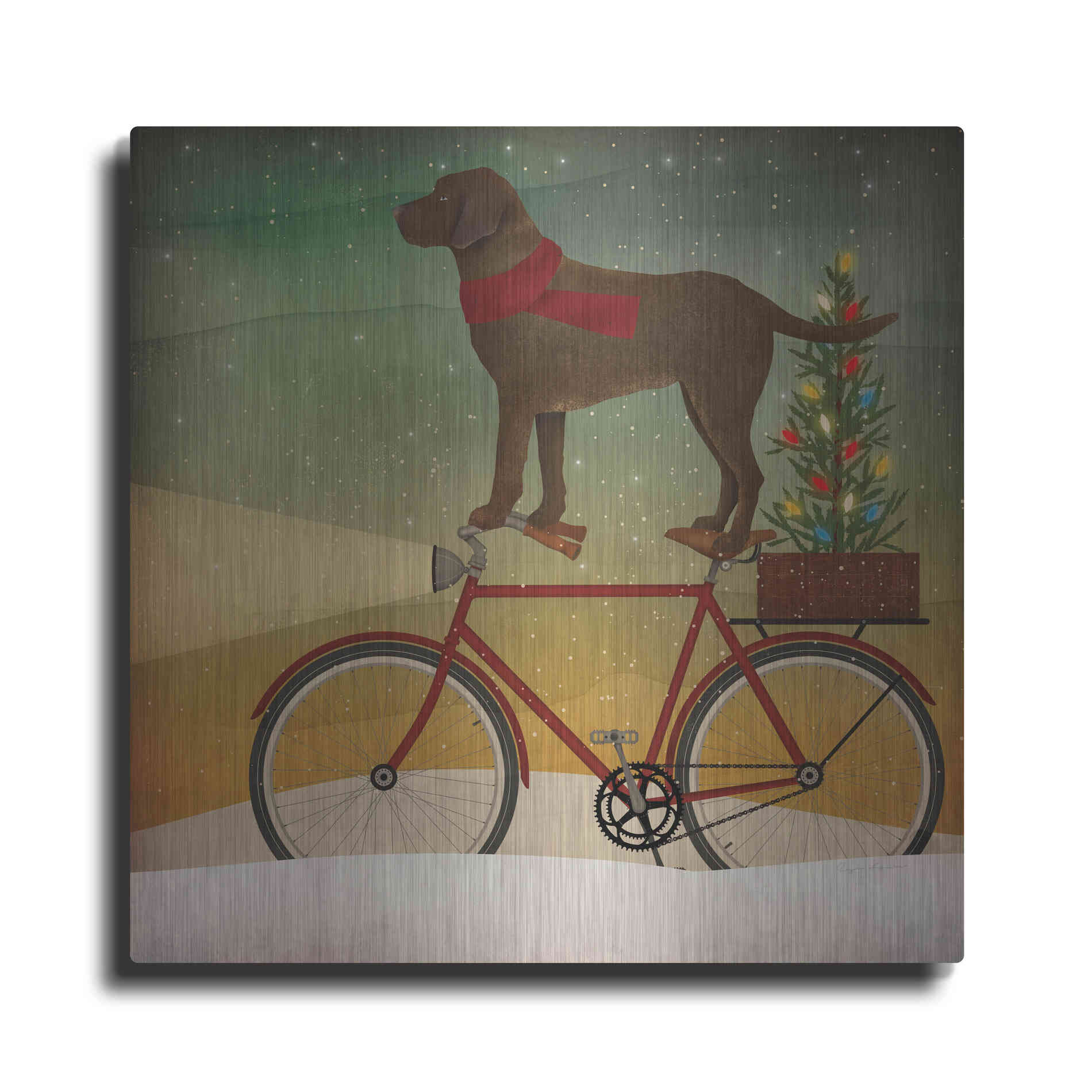 Luxe Metal Art 'Brown Lab on Bike Christmas' by Ryan Fowler, Metal Wall Art