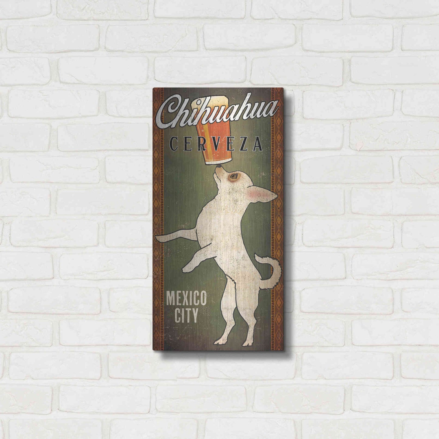 Luxe Metal Art 'White Chihuahua on Green' by Ryan Fowler, Metal Wall Art,12x24