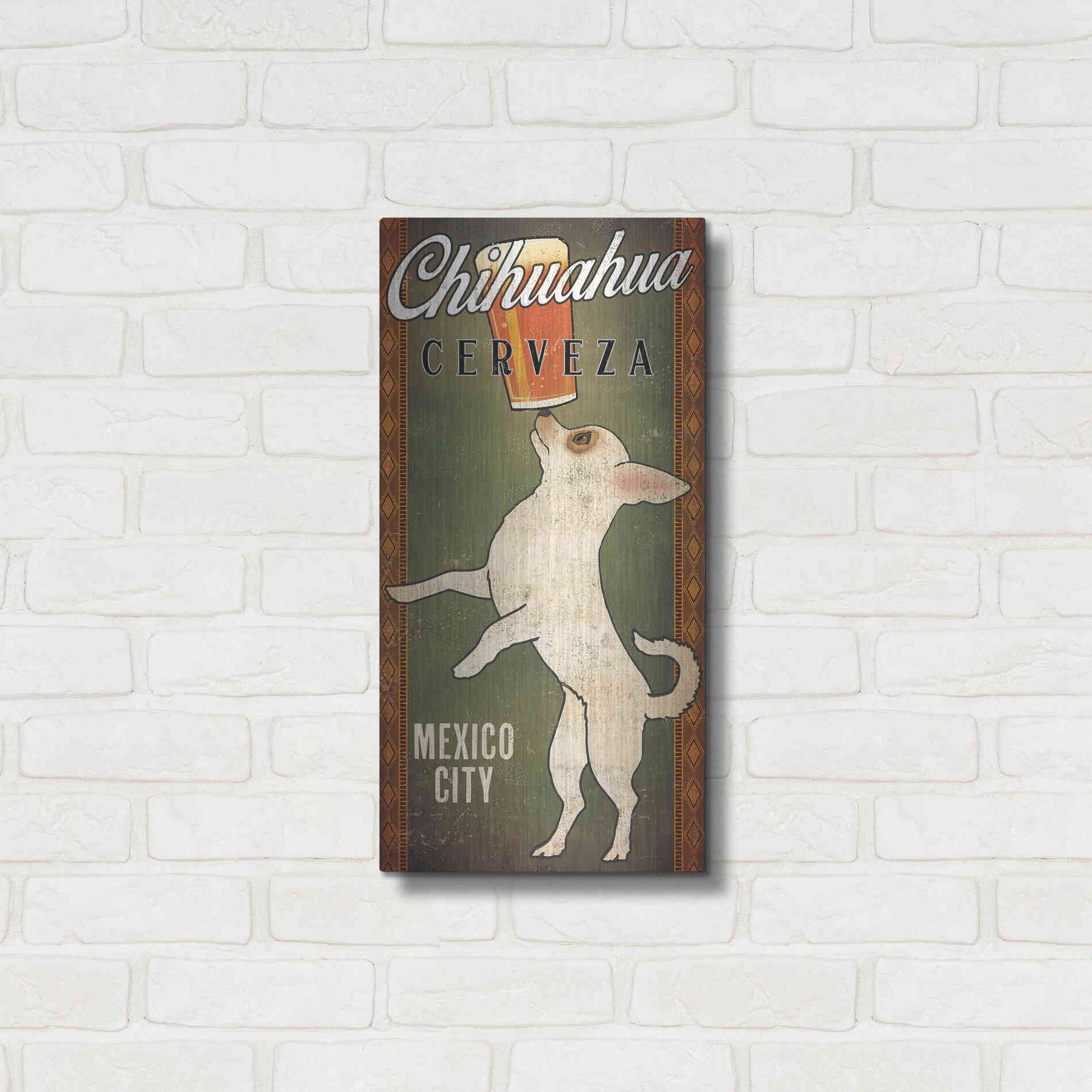 Luxe Metal Art 'White Chihuahua on Green' by Ryan Fowler, Metal Wall Art,12x24