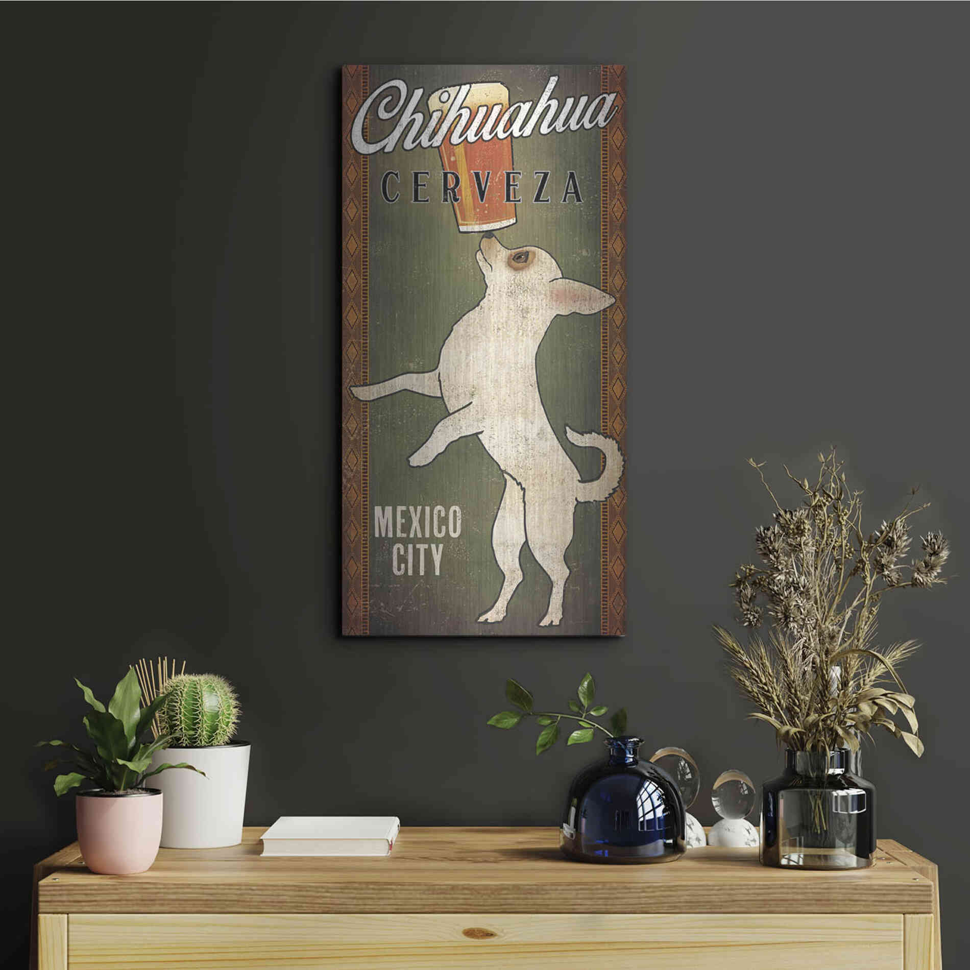 Luxe Metal Art 'White Chihuahua on Green' by Ryan Fowler, Metal Wall Art,12x24