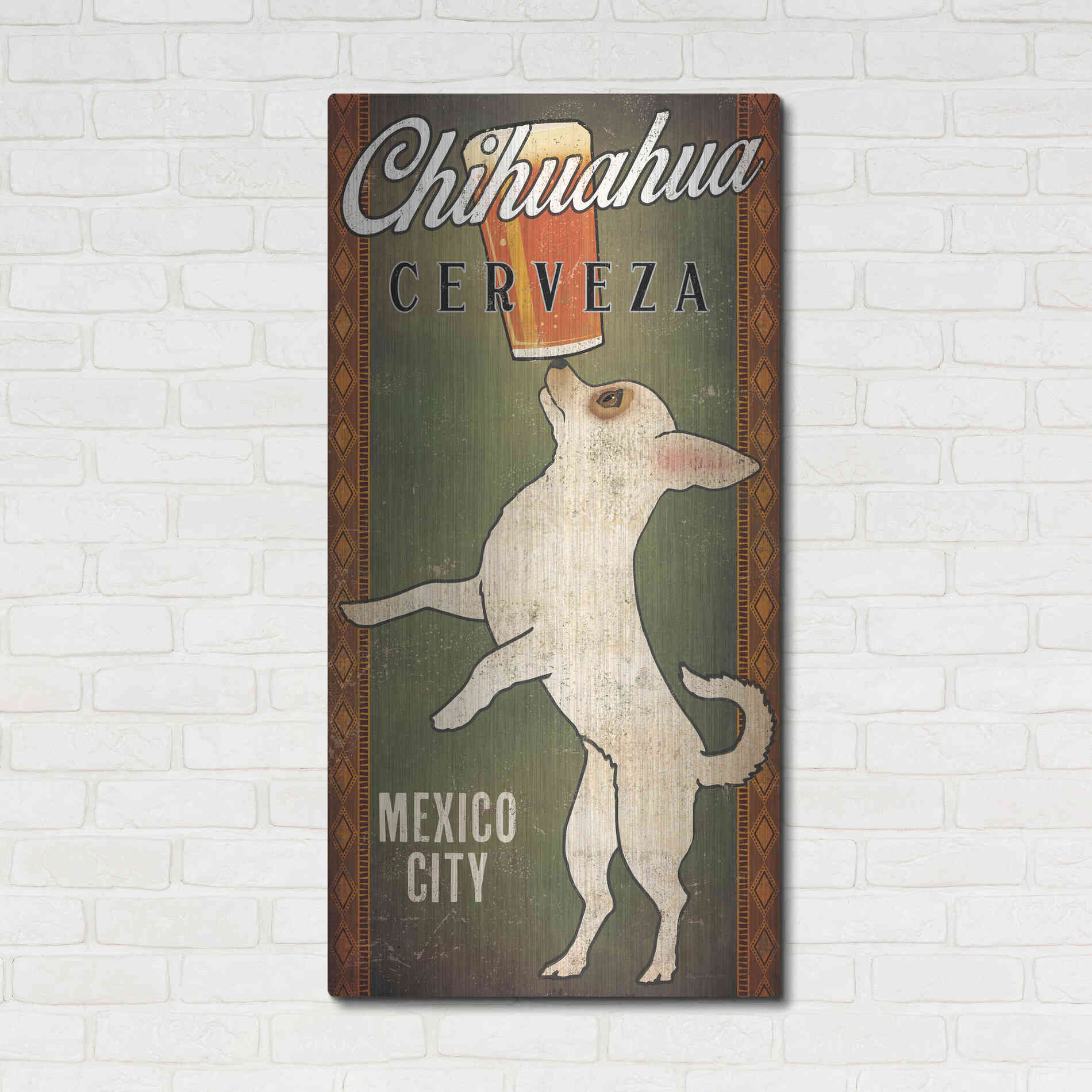 Luxe Metal Art 'White Chihuahua on Green' by Ryan Fowler, Metal Wall Art,24x48