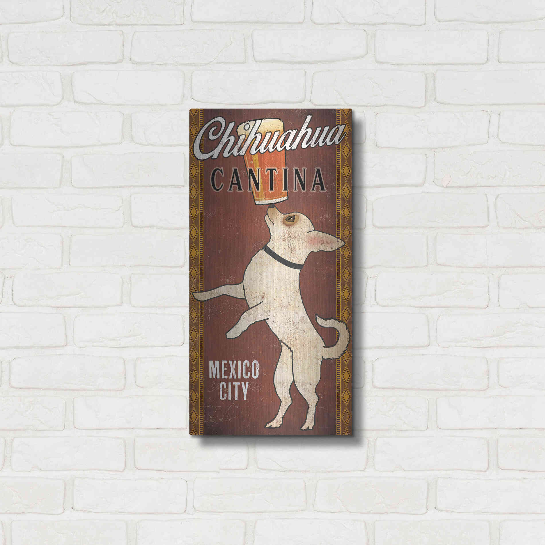 Luxe Metal Art 'White Chihuahua on Red' by Ryan Fowler, Metal Wall Art,12x24