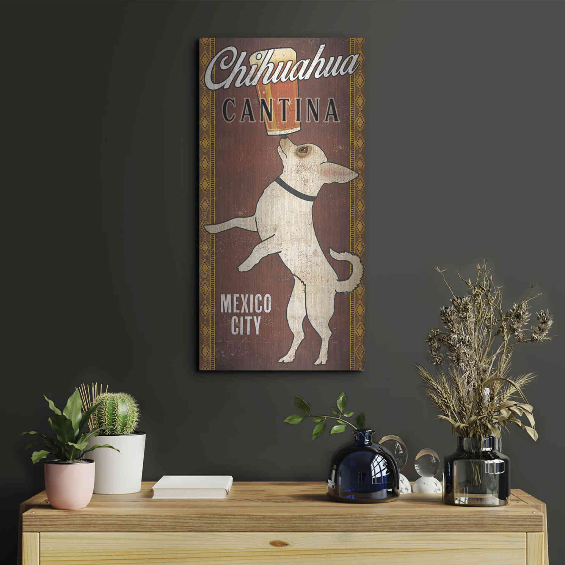 Luxe Metal Art 'White Chihuahua on Red' by Ryan Fowler, Metal Wall Art,12x24