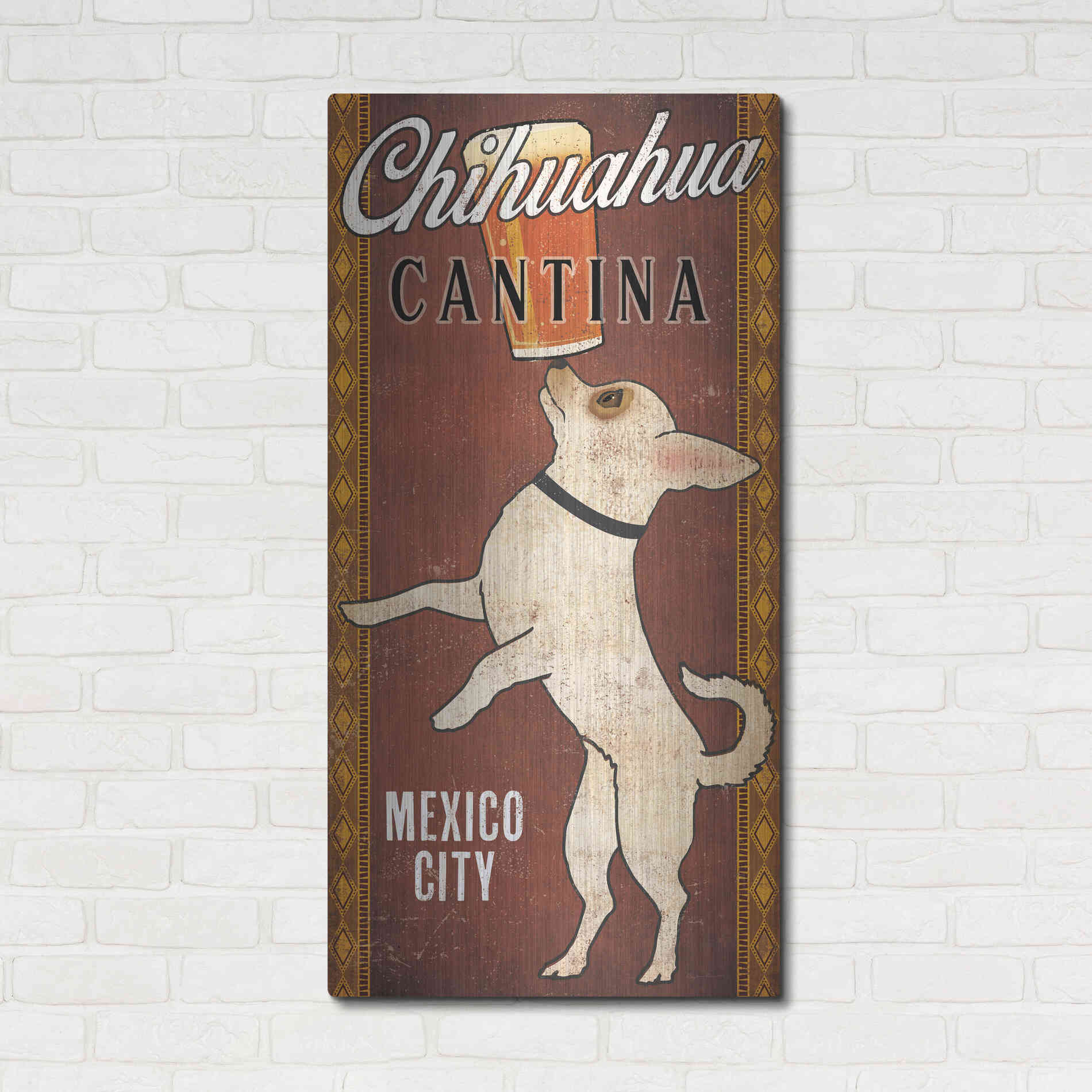 Luxe Metal Art 'White Chihuahua on Red' by Ryan Fowler, Metal Wall Art,24x48