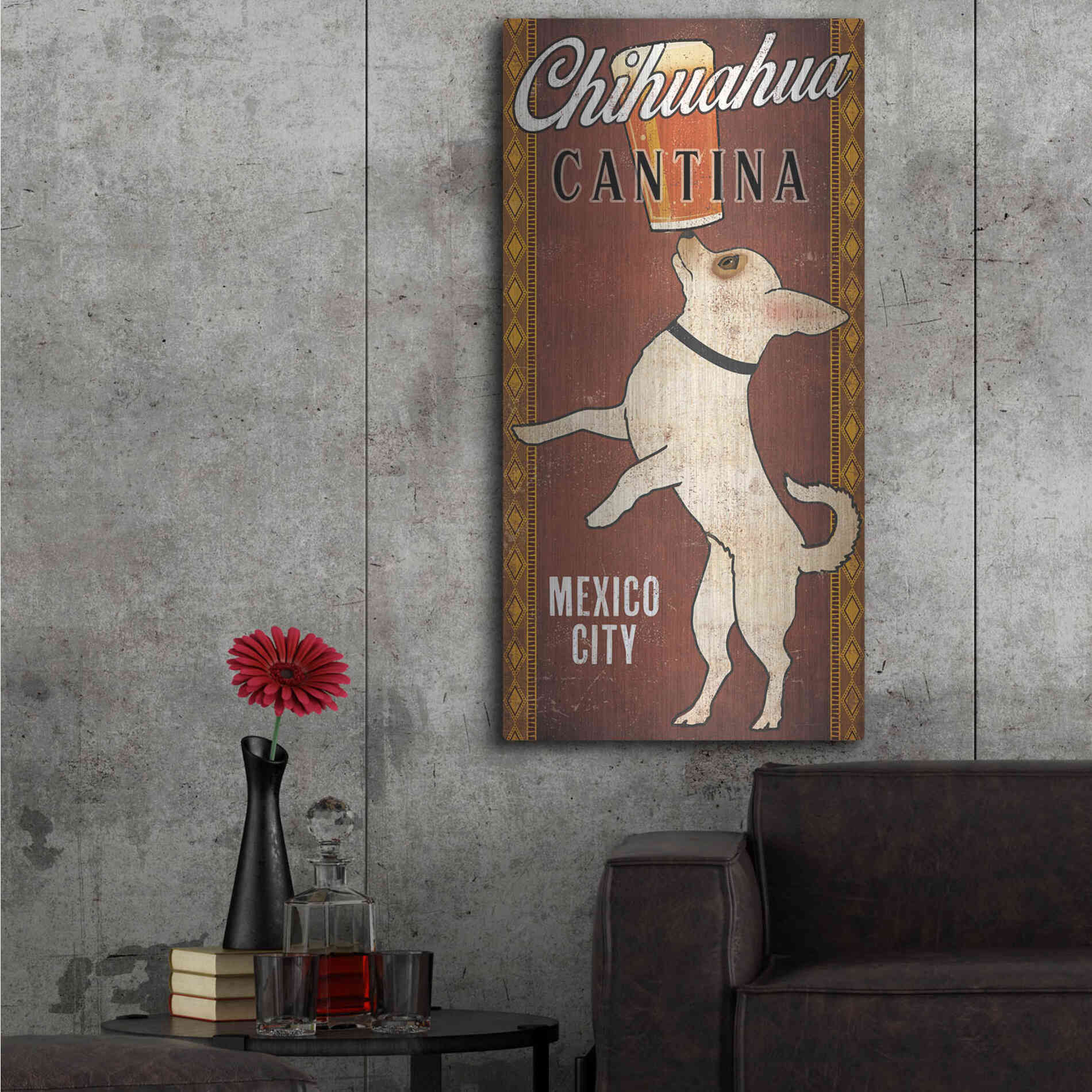 Luxe Metal Art 'White Chihuahua on Red' by Ryan Fowler, Metal Wall Art,24x48