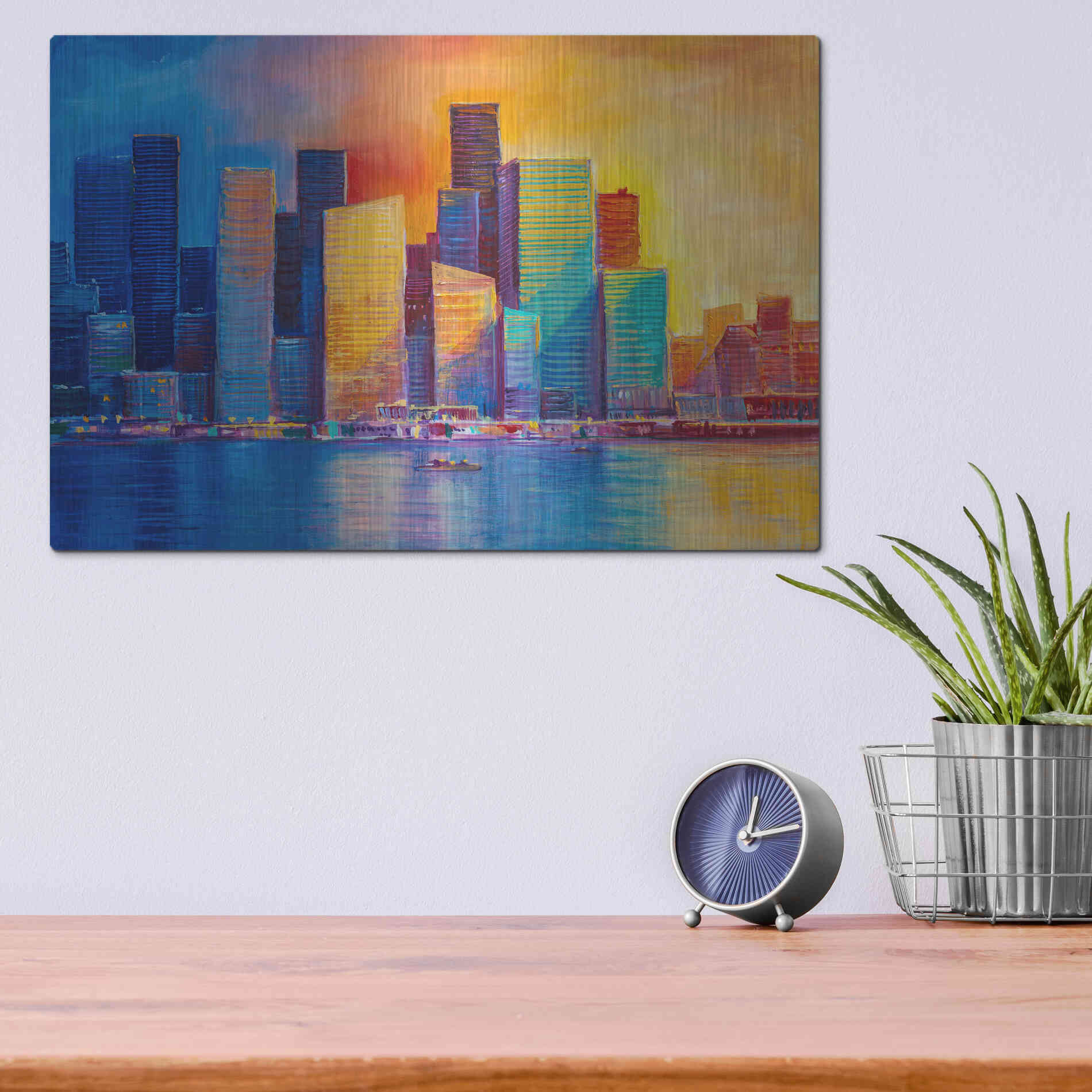 Luxe Metal Art 'Colorful Skyline' by Epic Portfolio, Metal Wall Art,16x12