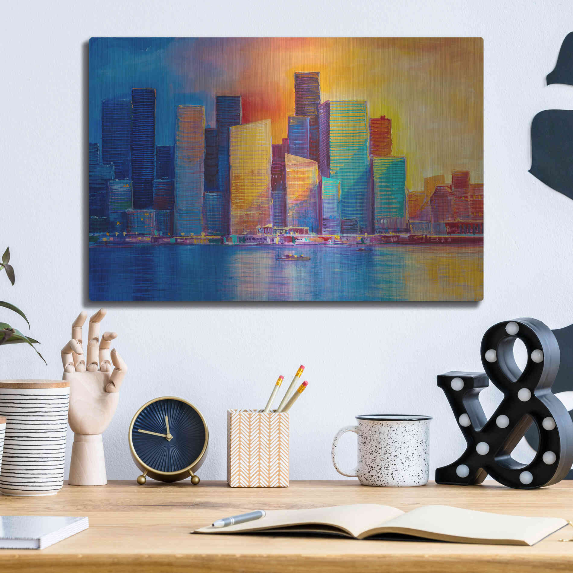 Luxe Metal Art 'Colorful Skyline' by Epic Portfolio, Metal Wall Art,16x12