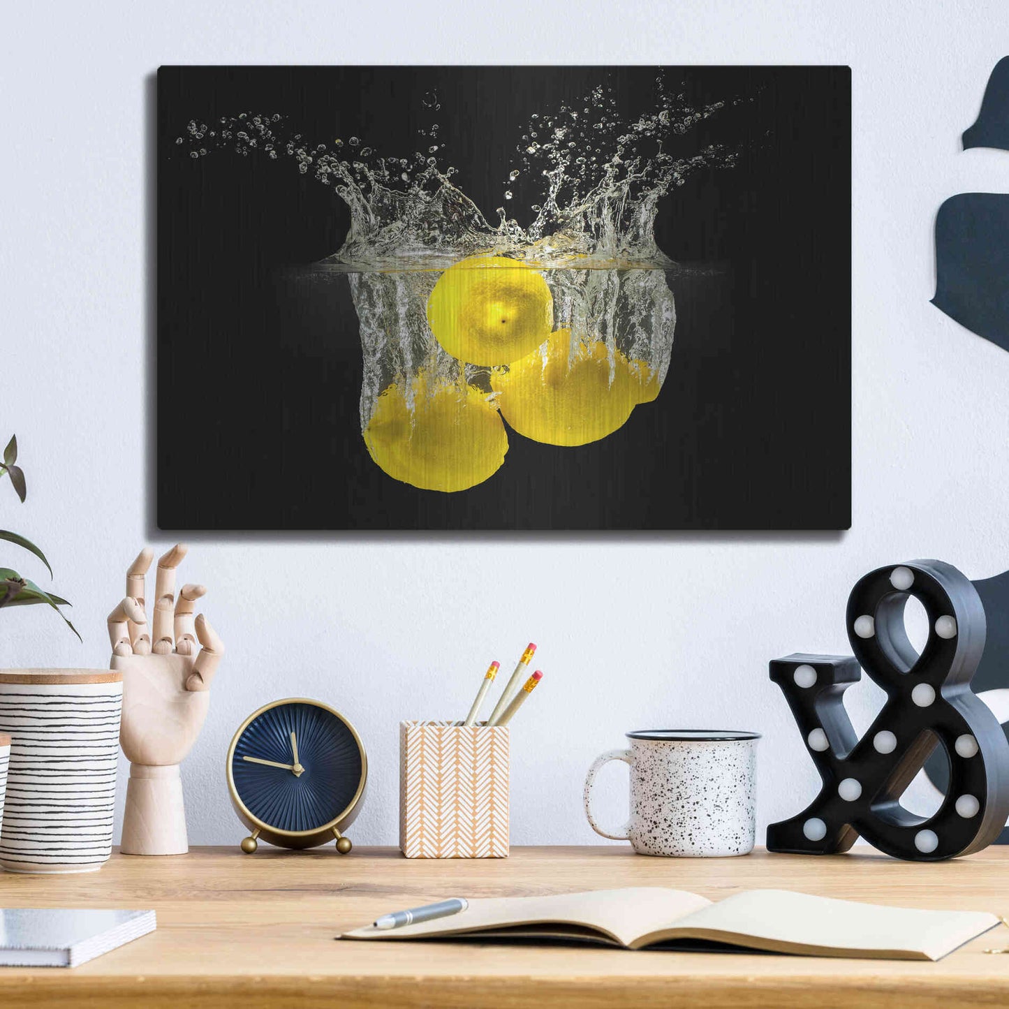Luxe Metal Art 'Lemon Splash' by Epic Portfolio, Metal Wall Art,16x12