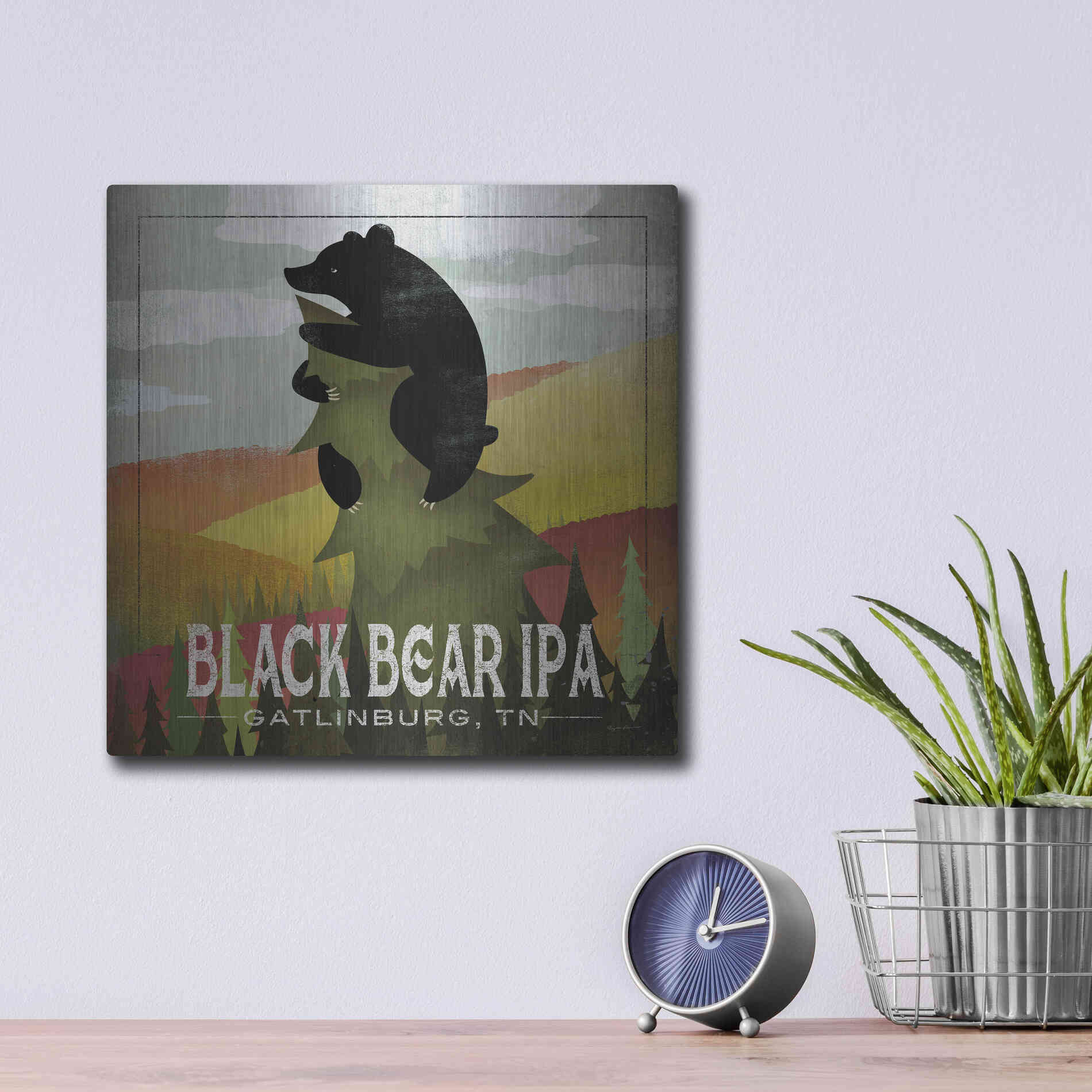 Luxe Metal Art 'Leaf Peeper Black Bear IPA' by Ryan Fowler, Metal Wall Art,12x12