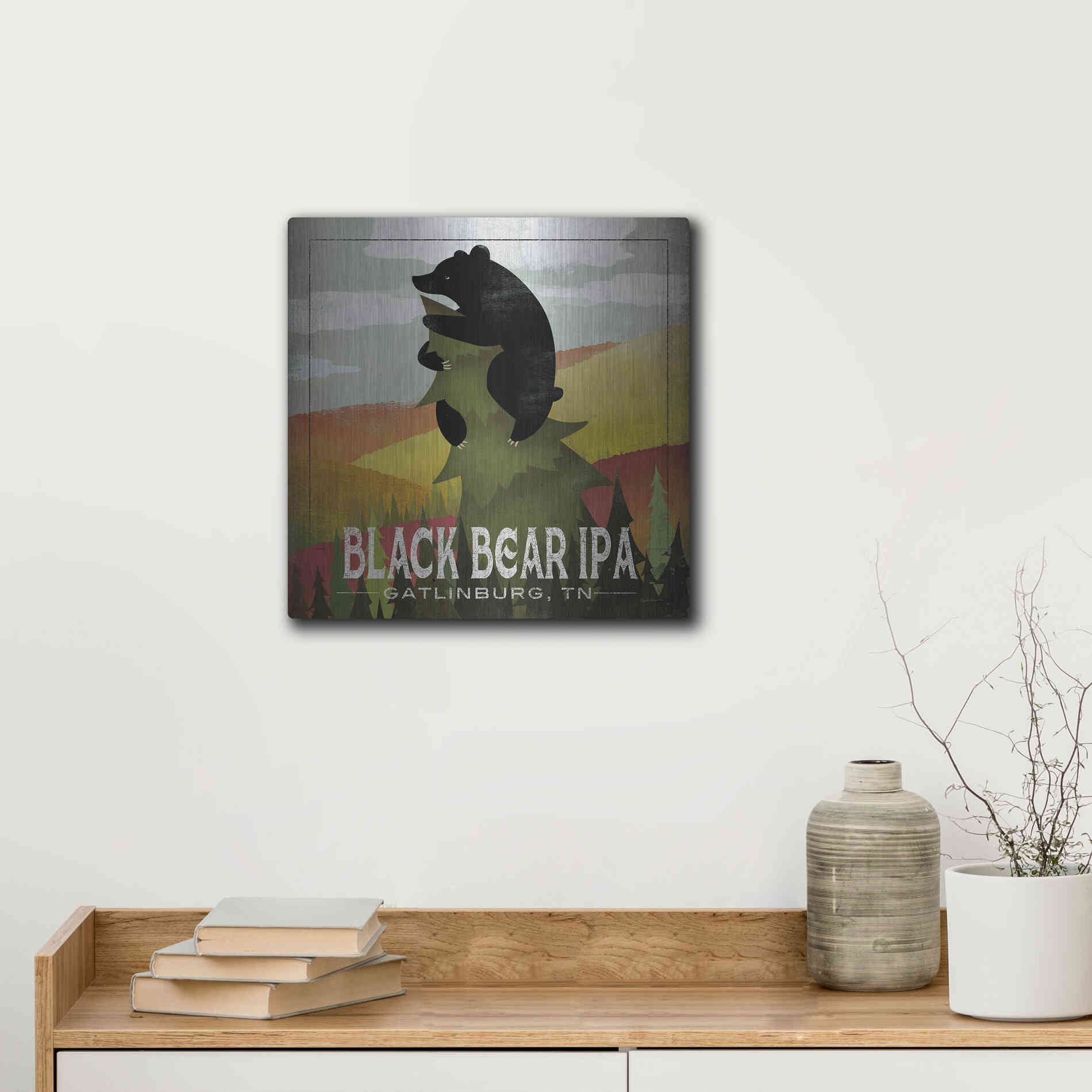 Luxe Metal Art 'Leaf Peeper Black Bear IPA' by Ryan Fowler, Metal Wall Art,12x12