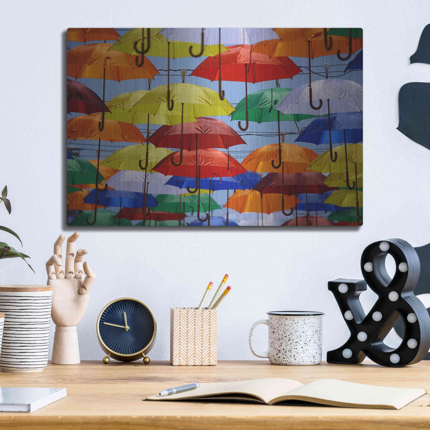 Luxe Metal Art 'Raining Umbrellas' by Epic Portfolio, Metal Wall Art,16x12