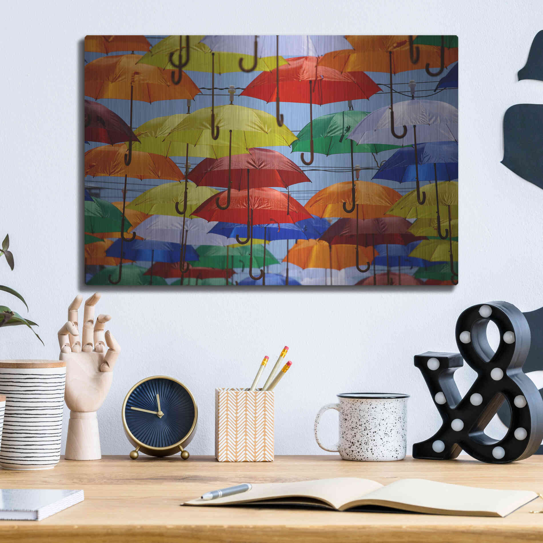Luxe Metal Art 'Raining Umbrellas' by Epic Portfolio, Metal Wall Art,16x12