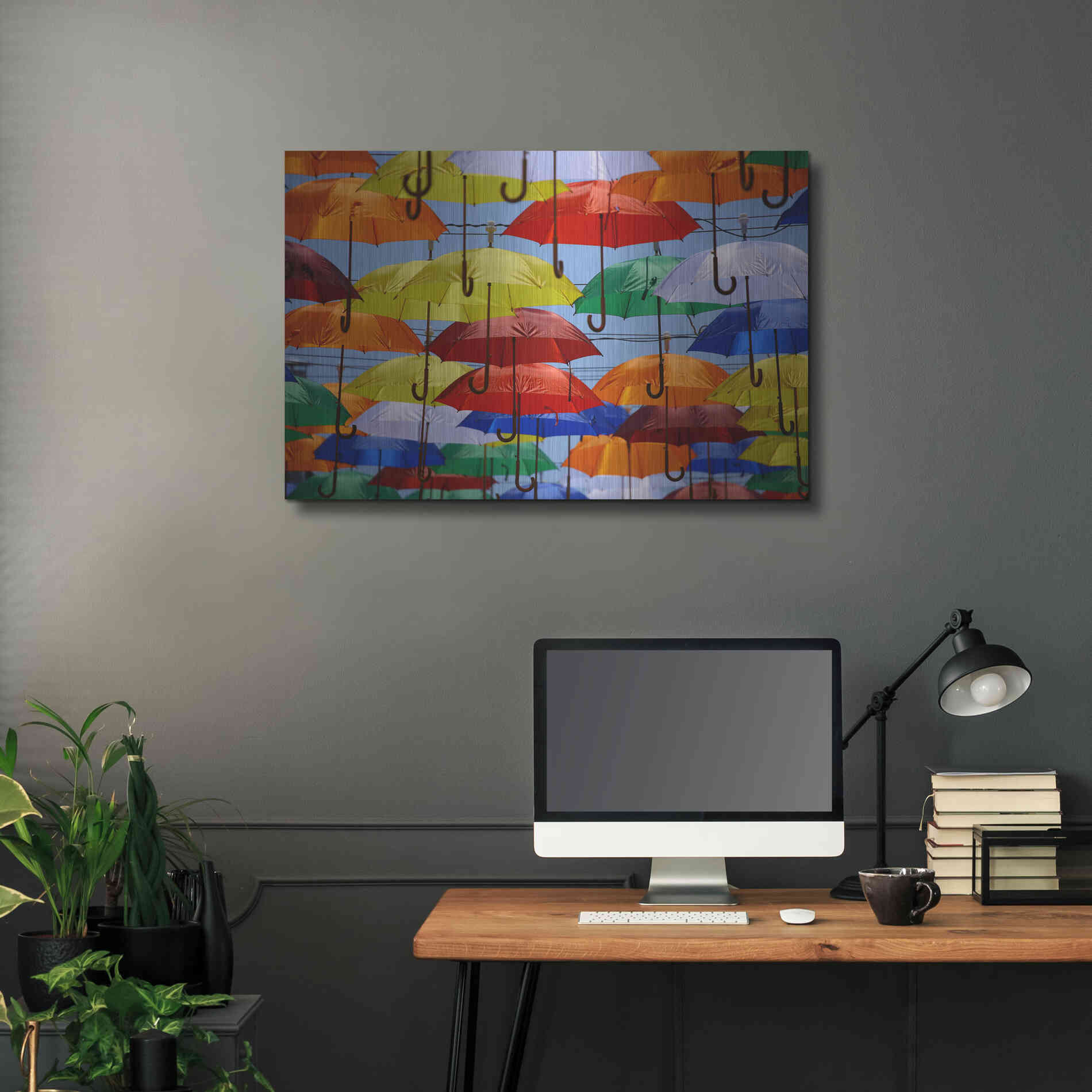 Luxe Metal Art 'Raining Umbrellas' by Epic Portfolio, Metal Wall Art,36x24