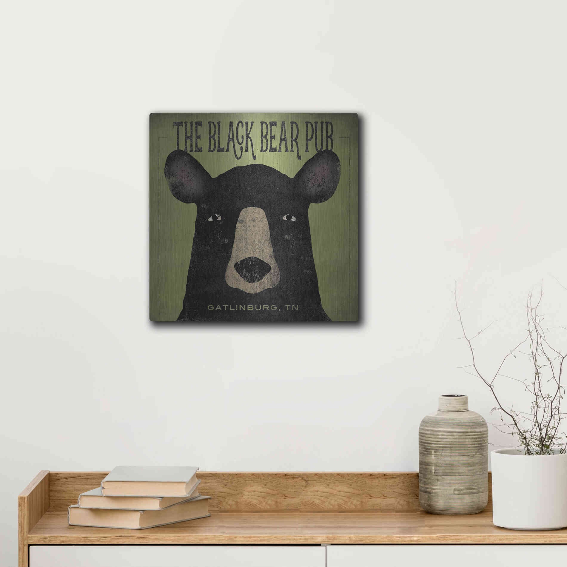 Luxe Metal Art 'The Black Bear Pub' by Ryan Fowler, Metal Wall Art,12x12