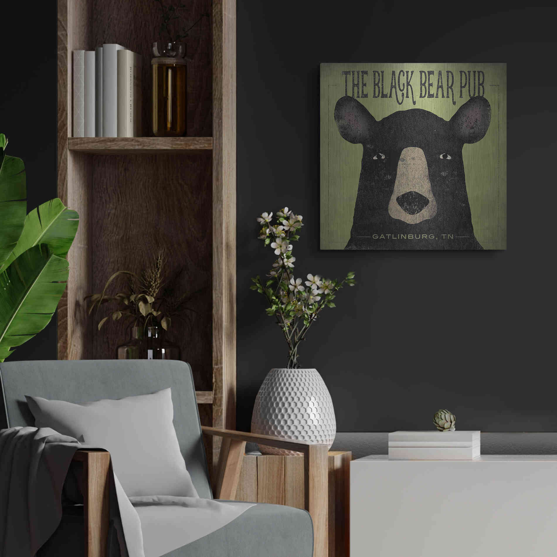 Luxe Metal Art 'The Black Bear Pub' by Ryan Fowler, Metal Wall Art,24x24