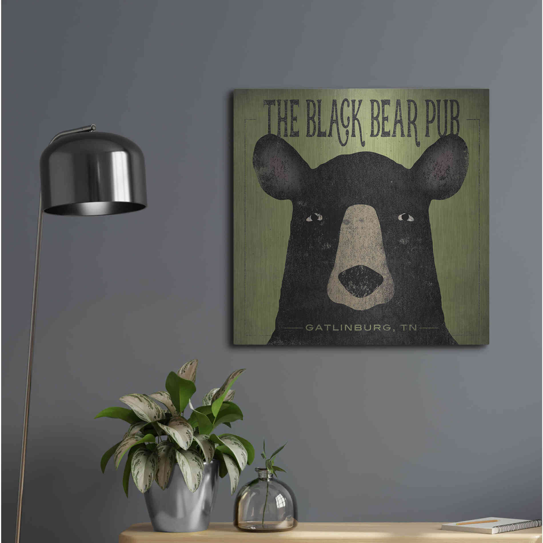 Luxe Metal Art 'The Black Bear Pub' by Ryan Fowler, Metal Wall Art,24x24