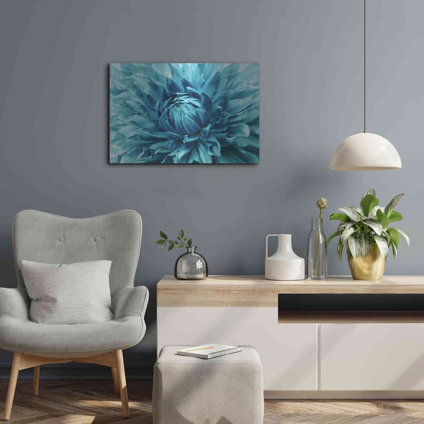 Luxe Metal Art 'Turquoise Dahlia' by Epic Portfolio, Metal Wall Art,24x16