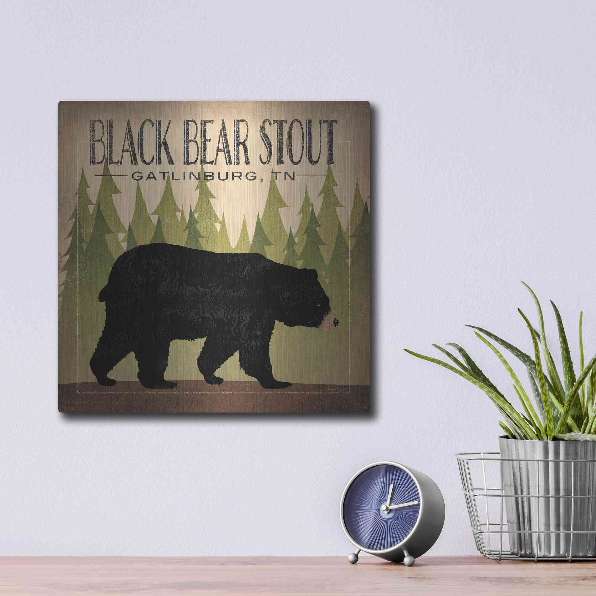 Luxe Metal Art 'Take a Hike Bear Black Bear Stout' by Ryan Fowler, Metal Wall Art,12x12