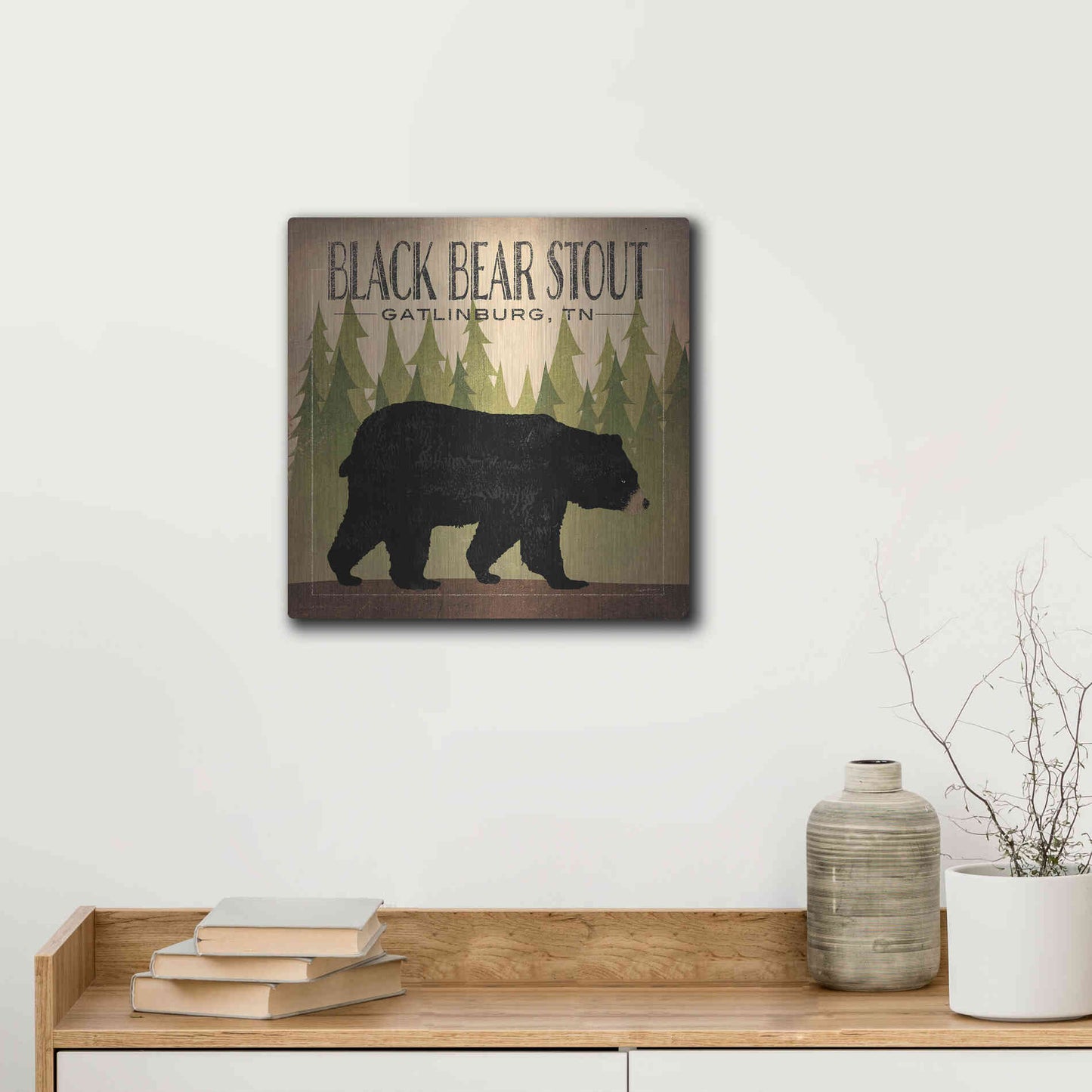 Luxe Metal Art 'Take a Hike Bear Black Bear Stout' by Ryan Fowler, Metal Wall Art,12x12