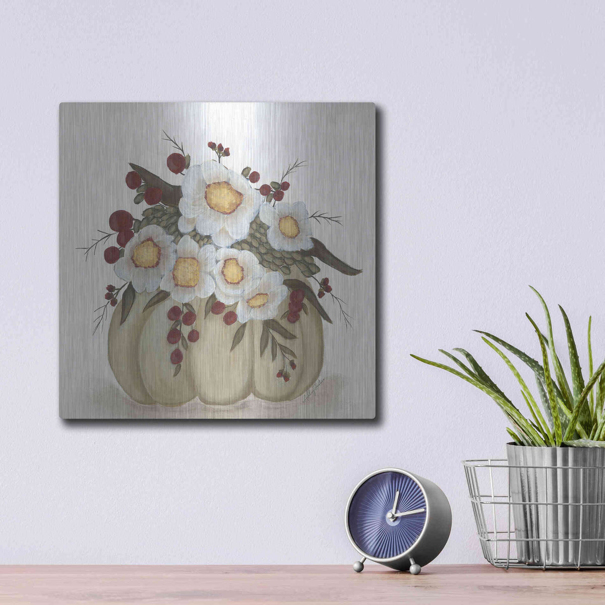 Luxe Metal Art 'Floral Pumpkin' by Ashley Justice, Metal Wall Art,12x12