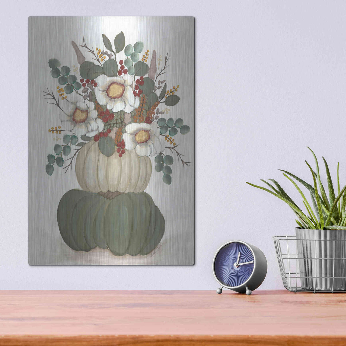 Luxe Metal Art 'Floral Pumpkin Stack' by Ashley Justice, Metal Wall Art,12x16