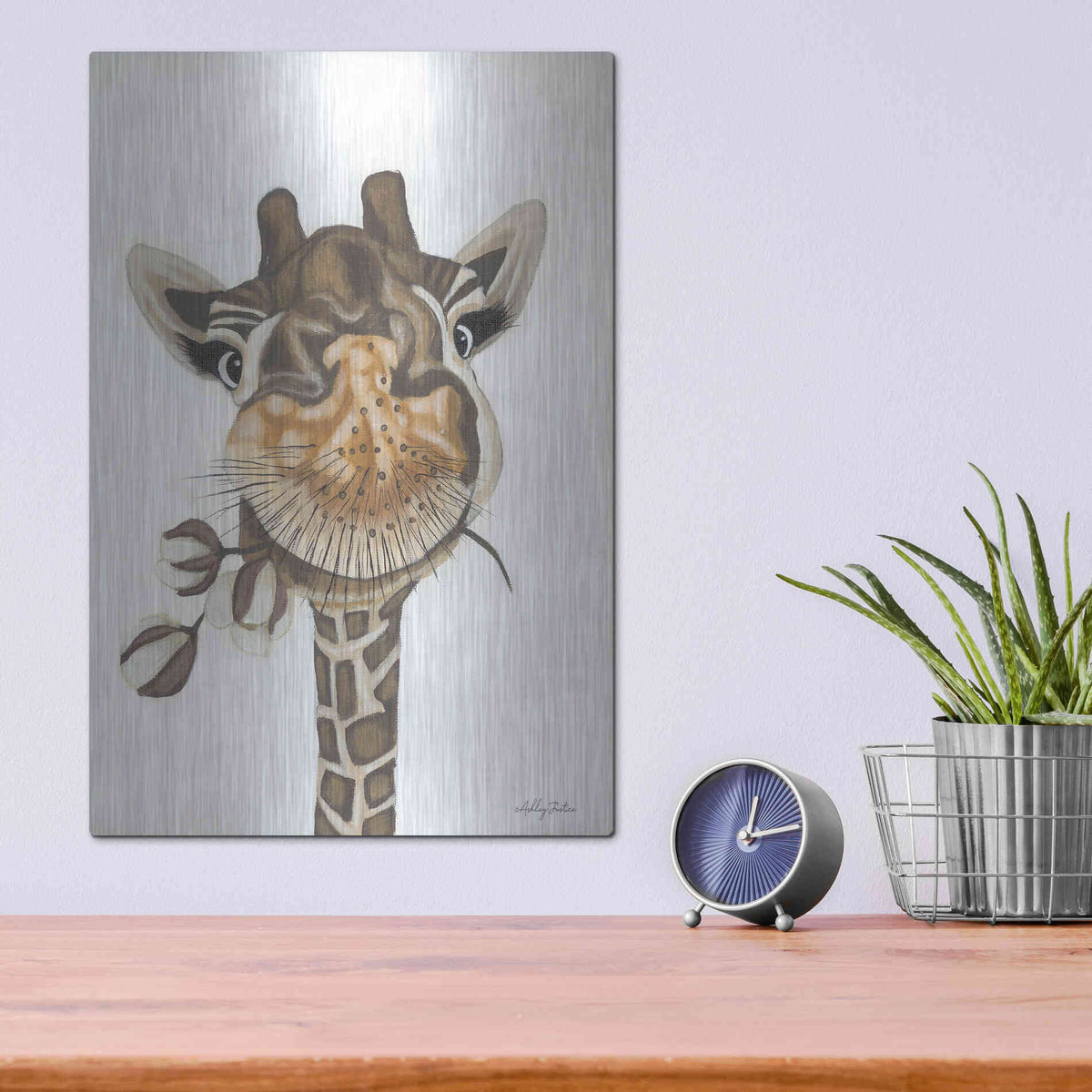 Luxe Metal Art 'Giraffe with Cotton' by Ashley Justice, Metal Wall Art,12x16