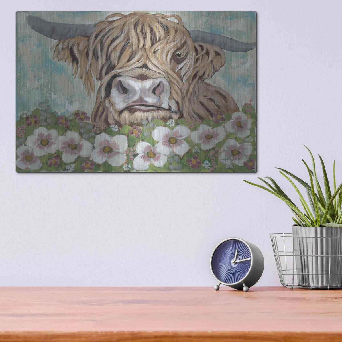 Luxe Metal Art 'Floral Highland Cow' by Ashley Justice, Metal Wall Art,16x12