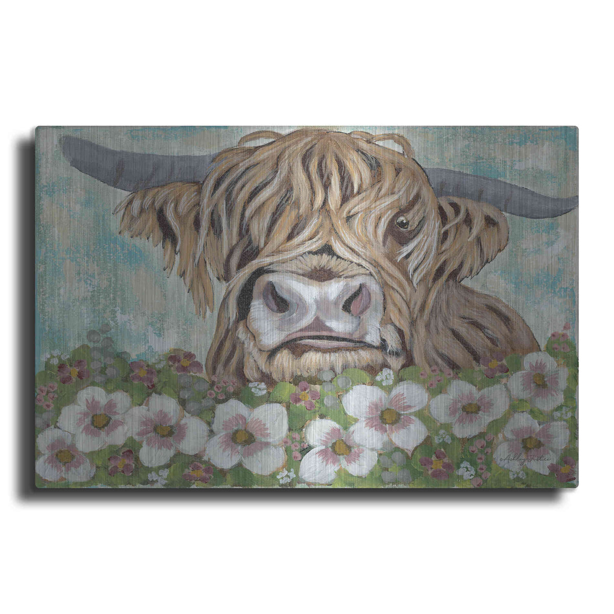 Luxe Metal Art 'Floral Highland Cow' by Ashley Justice, Metal Wall Art