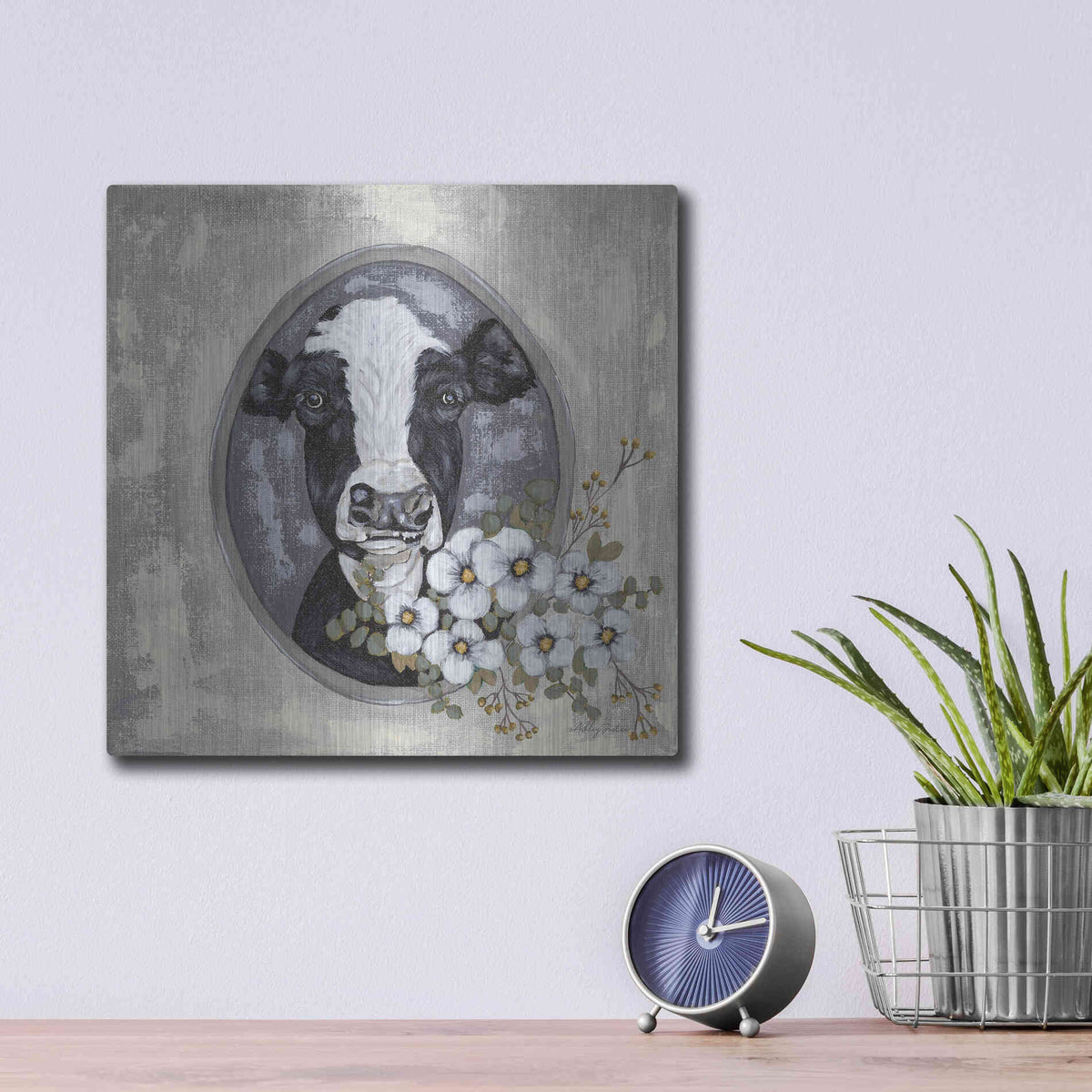 Luxe Metal Art 'Framed Cow' by Ashley Justice, Metal Wall Art,12x12