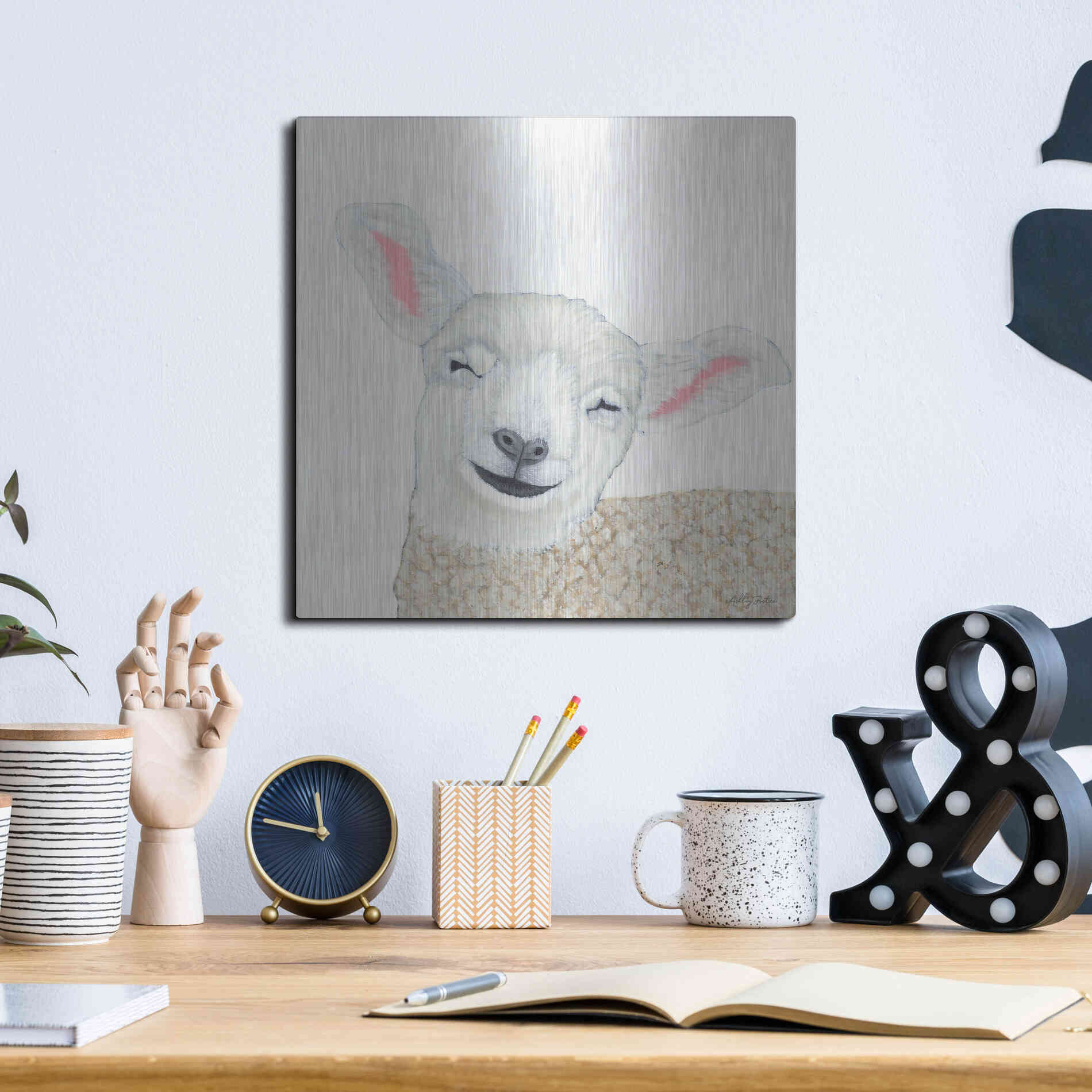 Luxe Metal Art 'Smiling Sheep' by Ashley Justice, Metal Wall Art,12x12