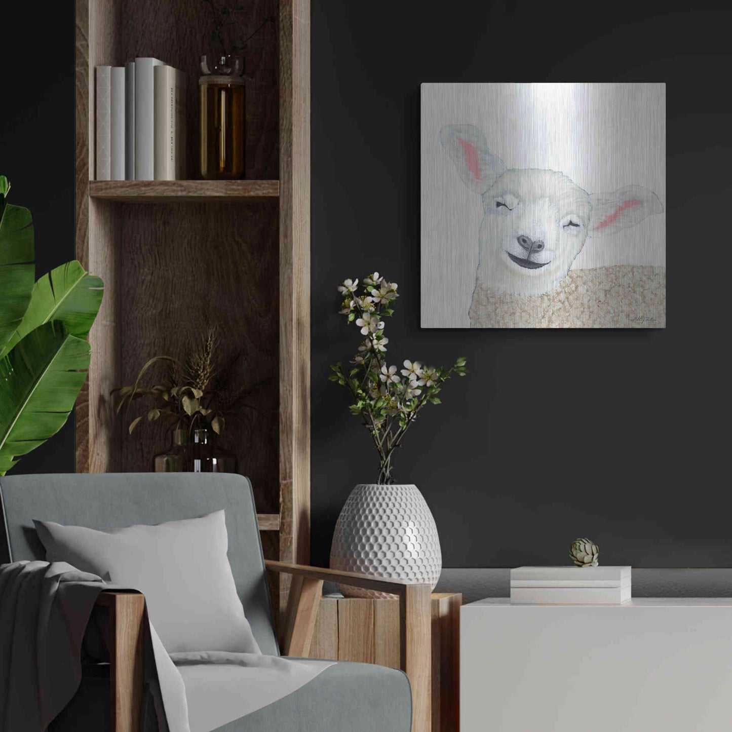 Luxe Metal Art 'Smiling Sheep' by Ashley Justice, Metal Wall Art,24x24