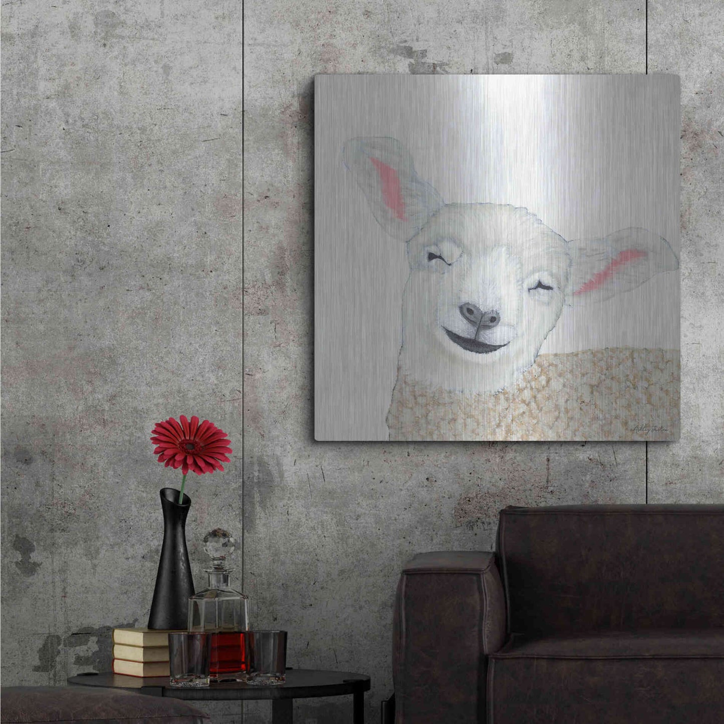 Luxe Metal Art 'Smiling Sheep' by Ashley Justice, Metal Wall Art,36x36